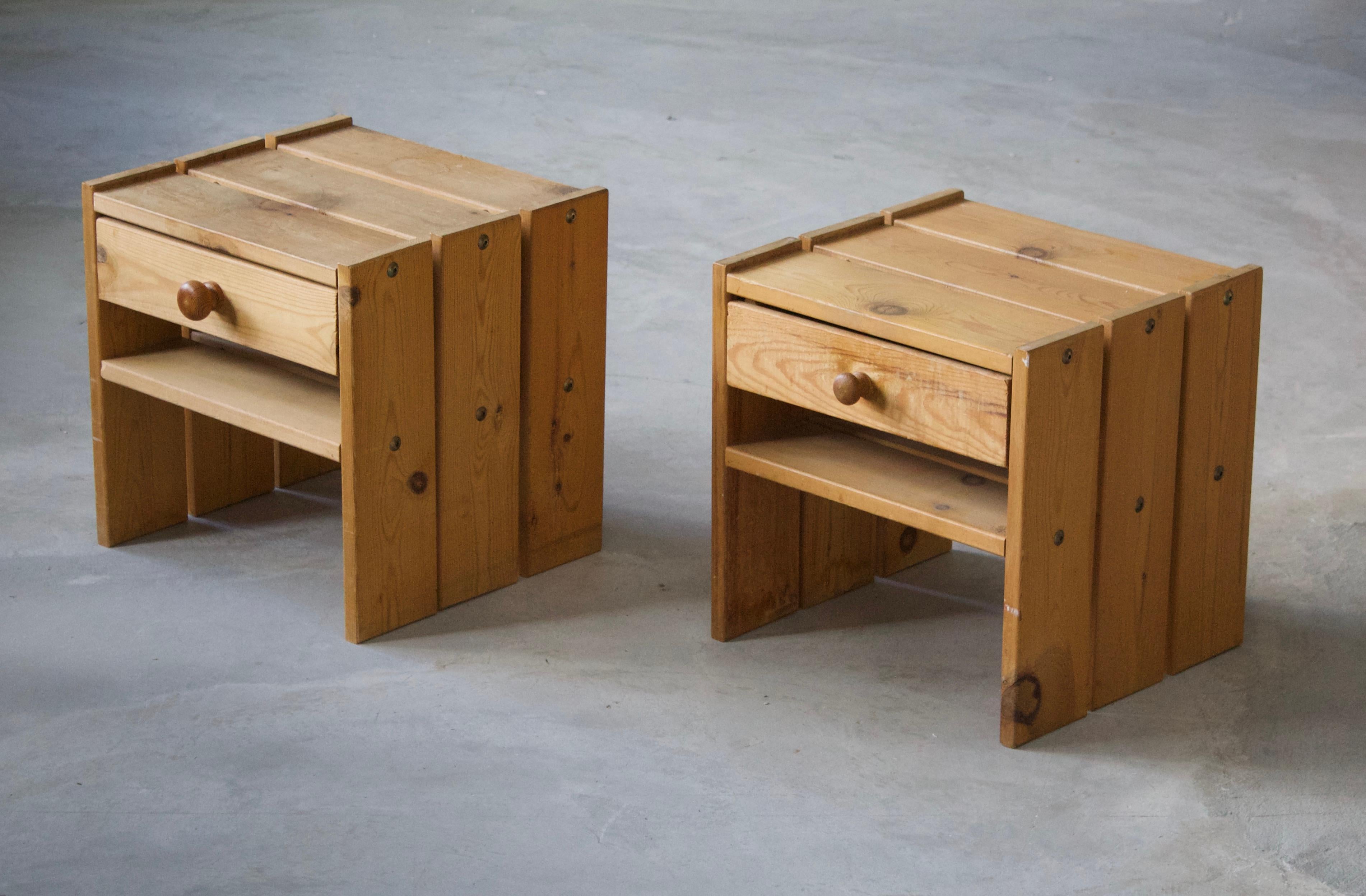 A set of bedside cabinets / tables / nightstands. Designed and produced in Denmark, 1970s. In solid pine.

Other designers working in similar style and materials include Axel Einar Hjorth, Roland Wilhelmsson, Pierre Chapo, and Charlotte Perriand.