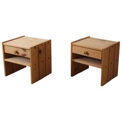 Retro Danish Designer, Minimalist Bedside Cabinets, Solid Stained Pine, Denmark, 1970s