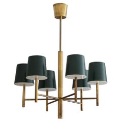 Danish Designer, Modernist Chandelier, Brass, Milk Glass, Lacquered Metal, 1960s