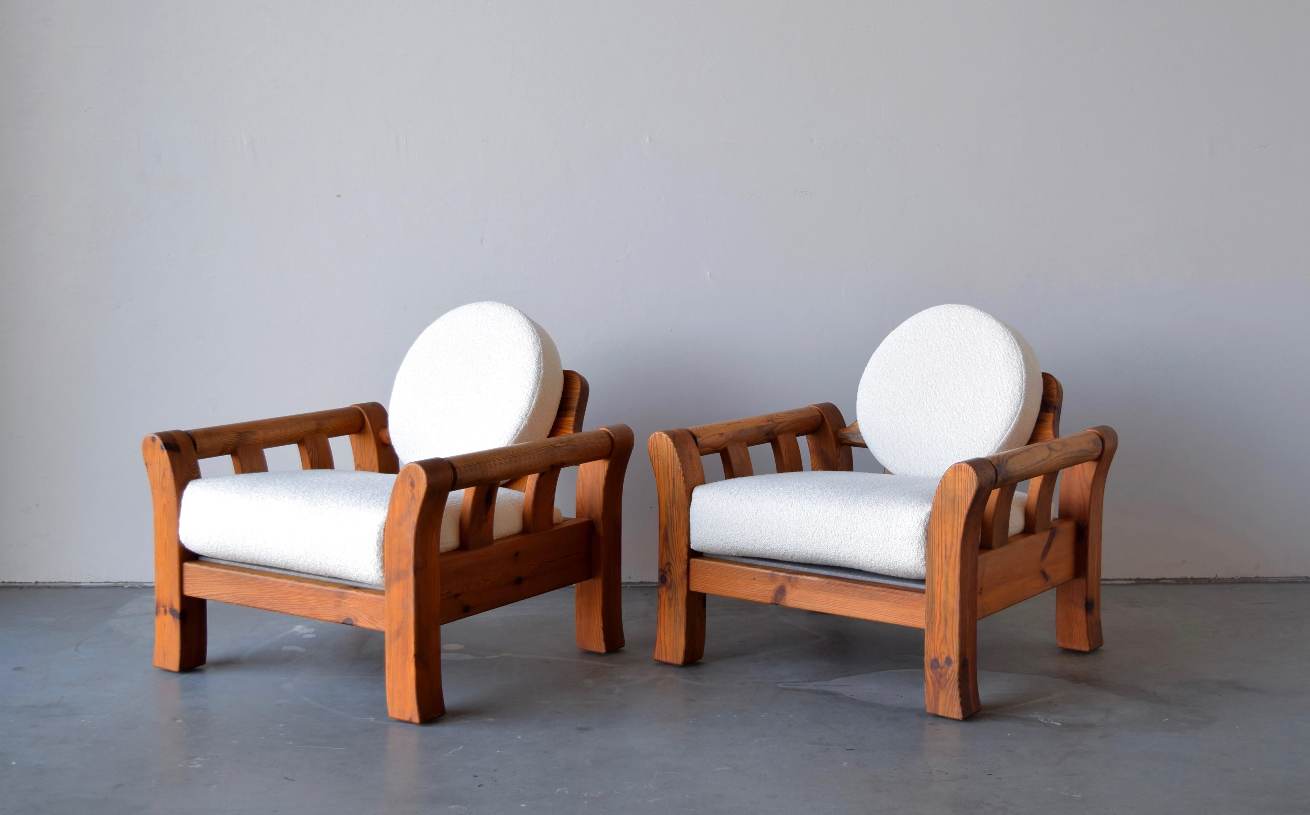A pair of lounge chairs. Designed and produced in Denmark, 1970s. Cushions reupholstered in brand new high-end bouclé fabric.

Other designers of the period include Pierre Chapo, Axel Einar Hjorth, Charlotte Perriand, and George Nakashima.