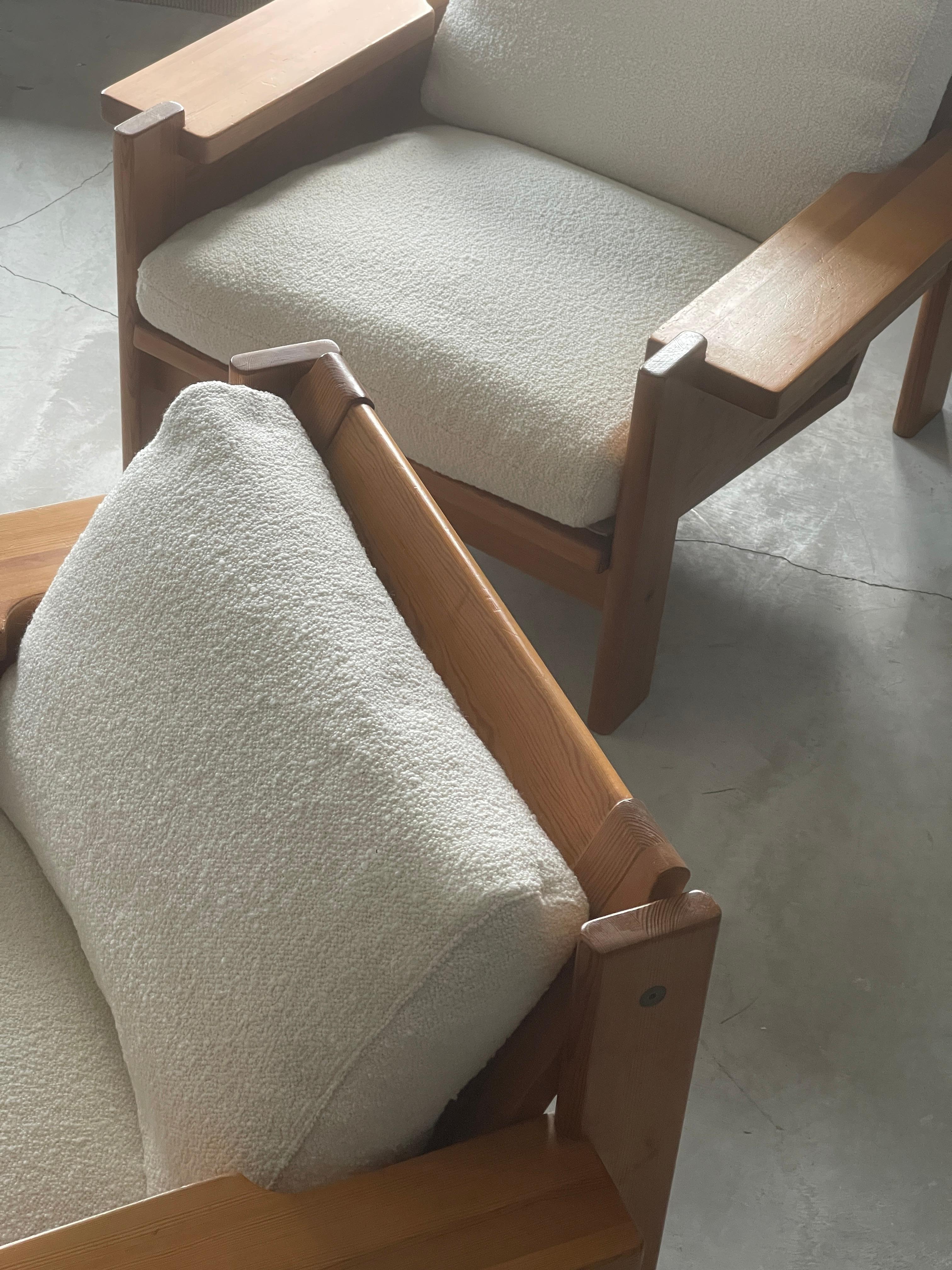 Danish Designer, Modernist Lounge Chairs, Solid Pine, Bouclé, Denmark, 1970s 2