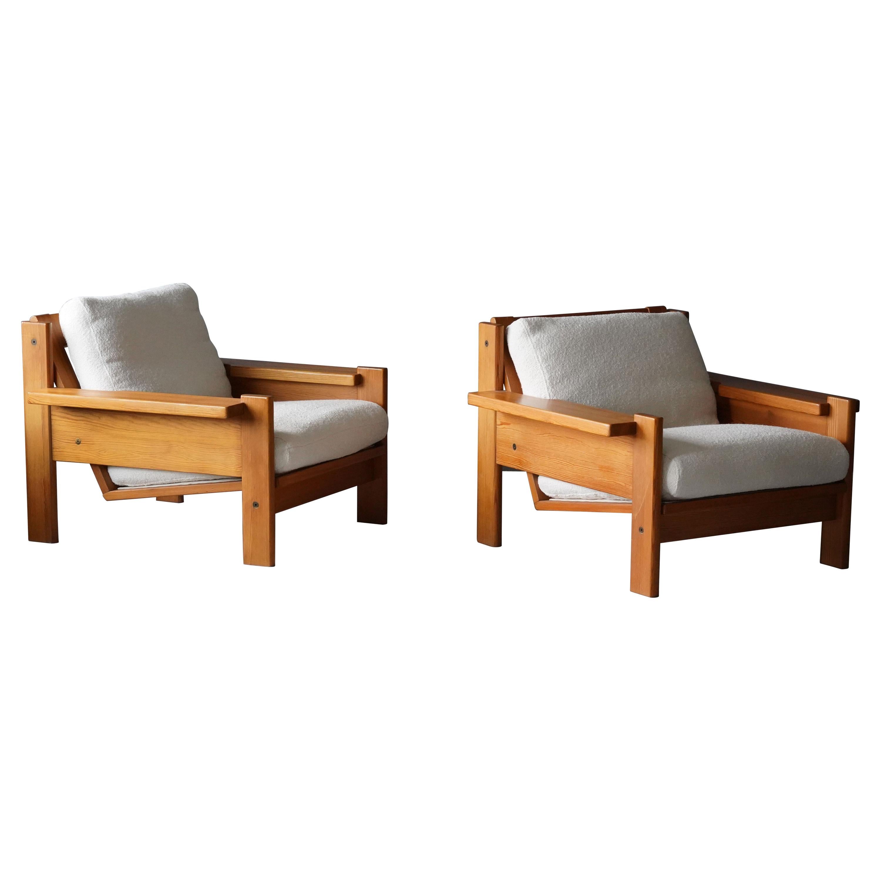 Danish Designer, Modernist Lounge Chairs, Solid Pine, Bouclé, Denmark, 1970s