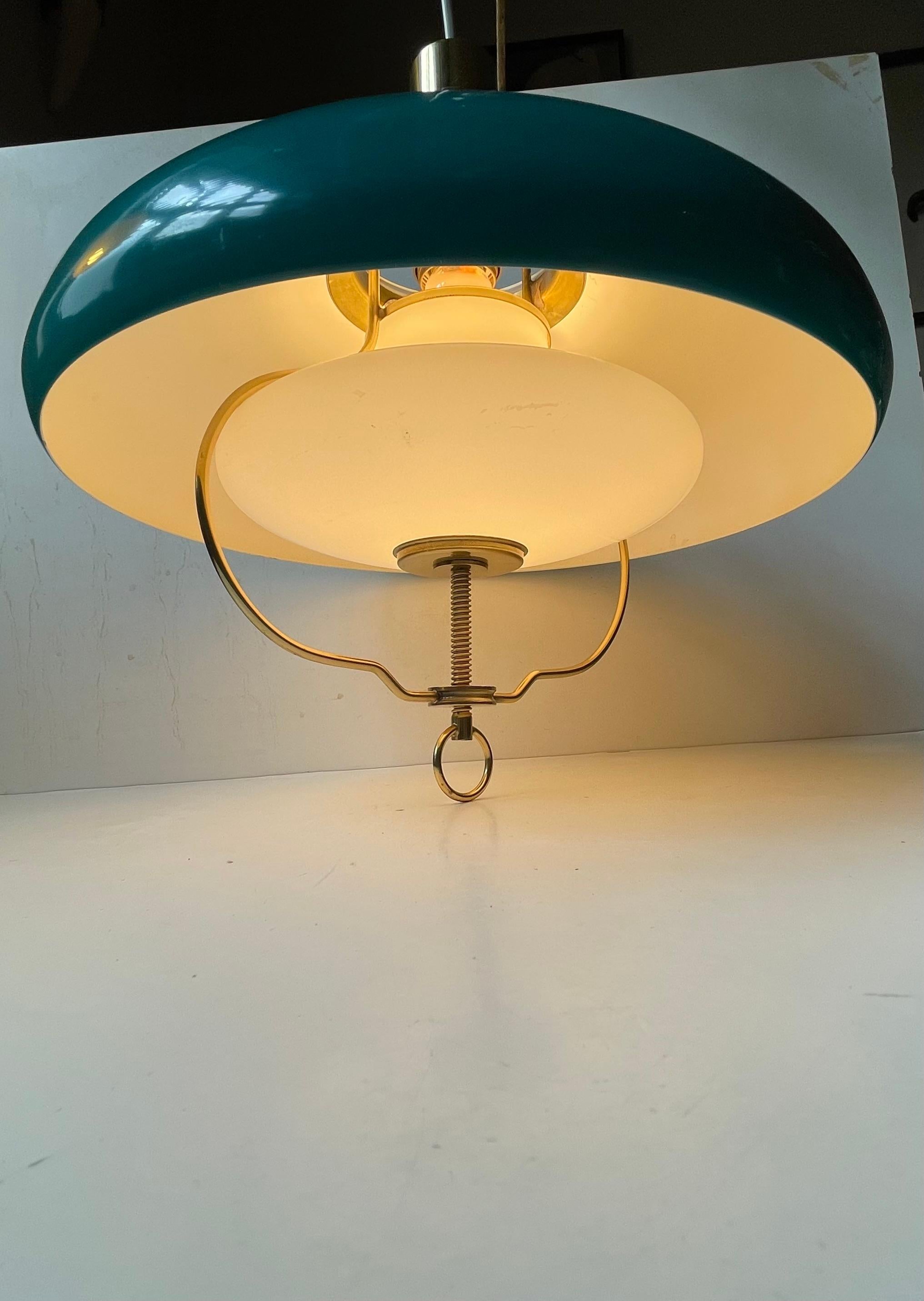 Danish Designer - Nautical Brass Pendant Lamp w.Green Shade, 1960s For Sale 4