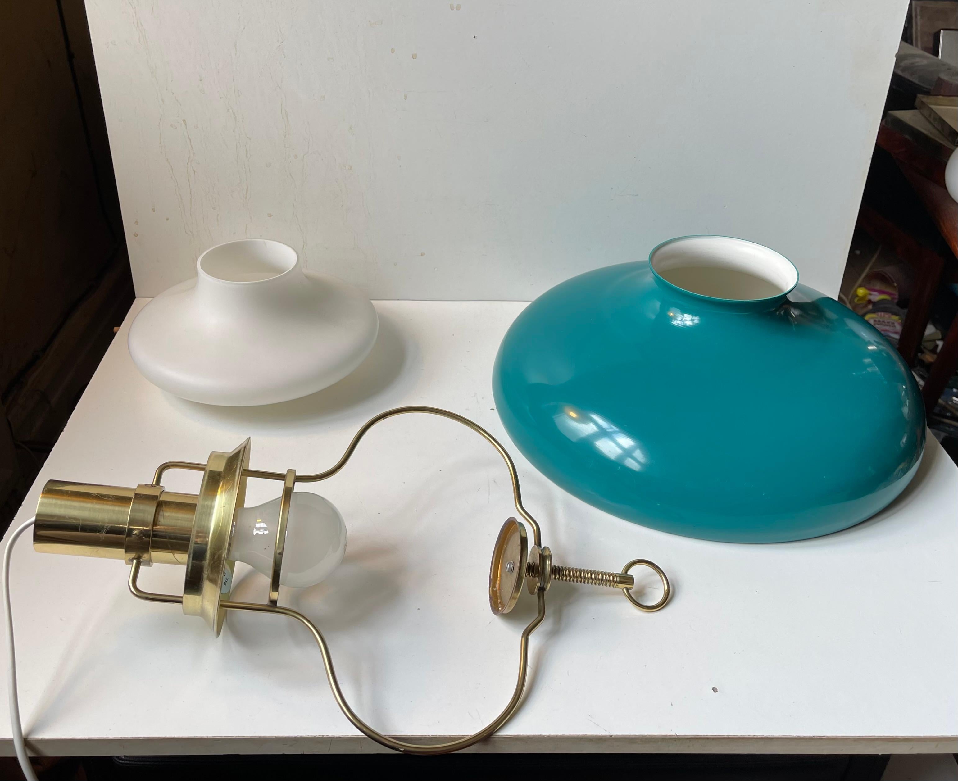 Aluminum Danish Designer - Nautical Brass Pendant Lamp w.Green Shade, 1960s For Sale