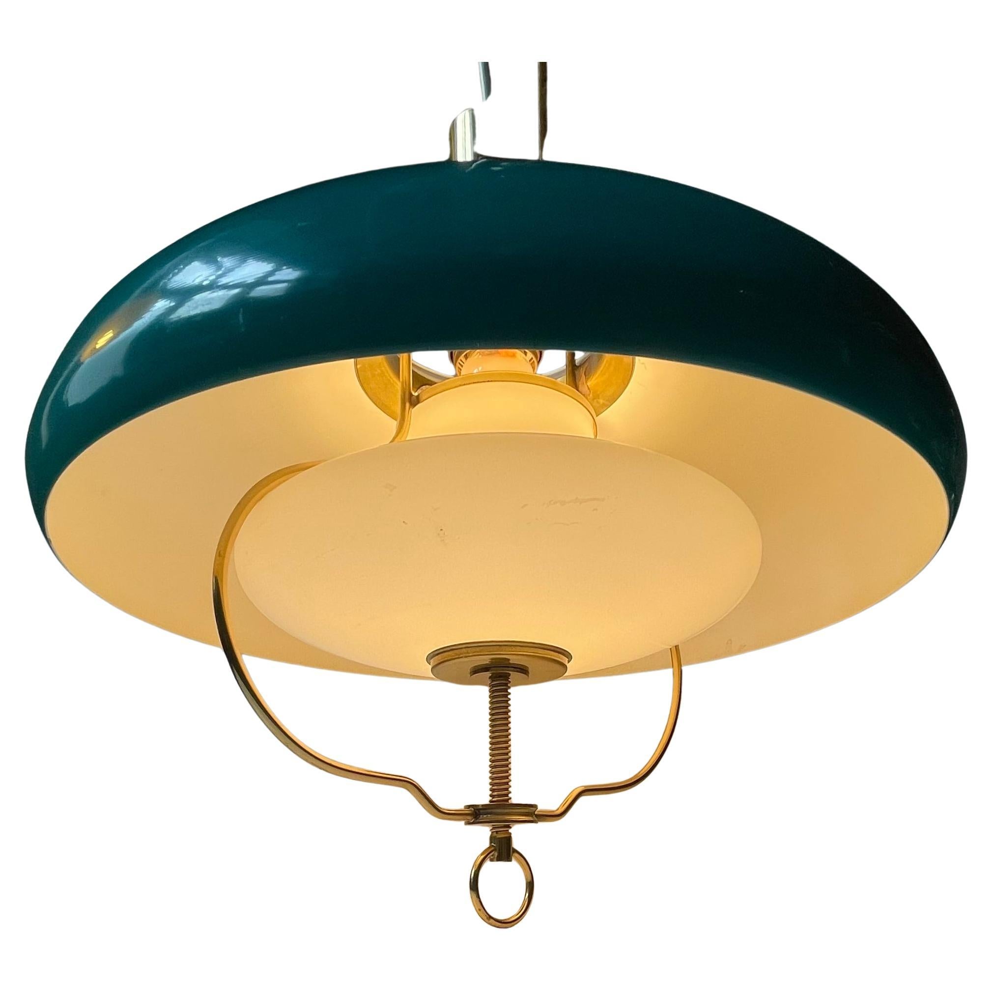 Danish Designer - Nautical Brass Pendant Lamp w.Green Shade, 1960s