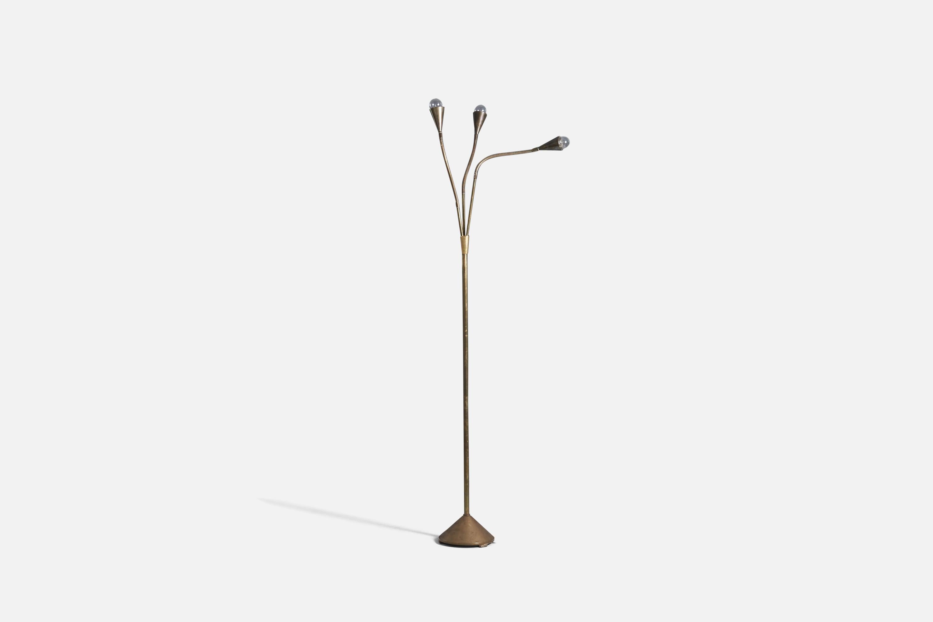 A brass, adjustable floor lamp designed and produced in Denmark, 1940s.

Variable dimensions, measured as illustrated in the first image.

Socket takes Euro base E-14bulb.

