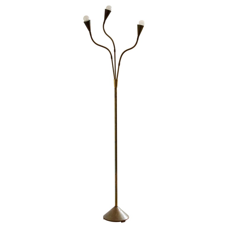 Danish Designer, Organic Adjustable Modernist Floor Lamp, Brass, Denmark, 1940s For Sale