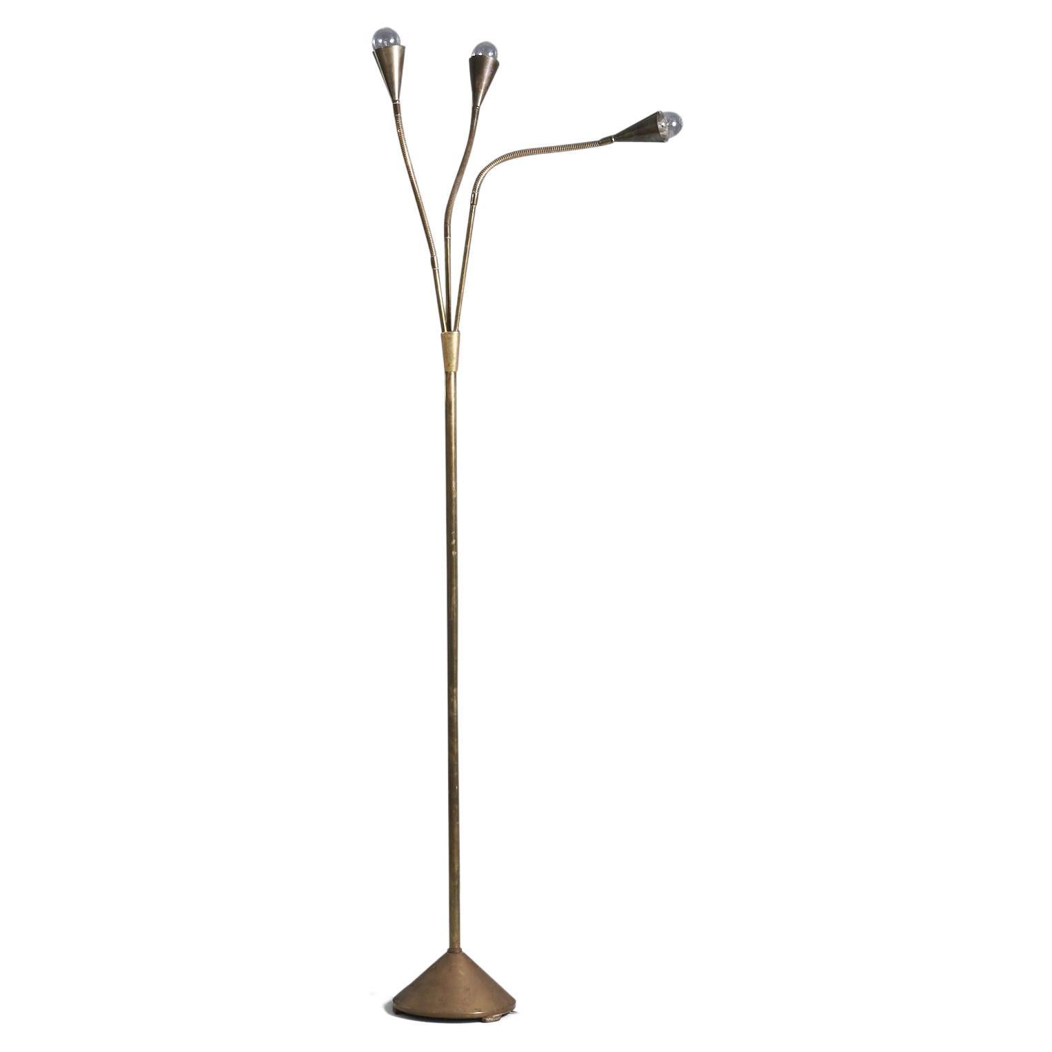 Danish Designer, Adjustable Floor Lamp, Brass, Denmark, 1940s For Sale