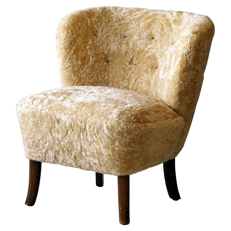 Danish Designer, Organic Lounge Chair, Beige Sheepskin, Beech, Denmark, 1940s For Sale