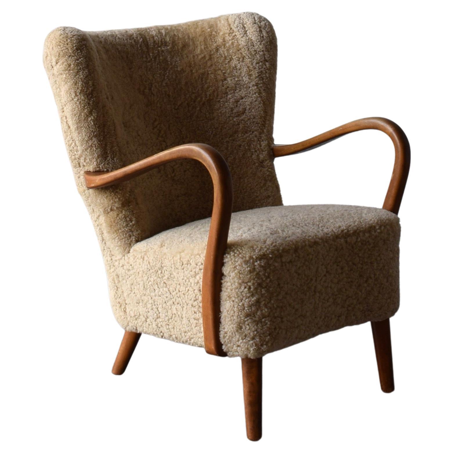 Danish Designer, Organic Lounge Chair, Sheepskin, Wood, Denmark, 1940s