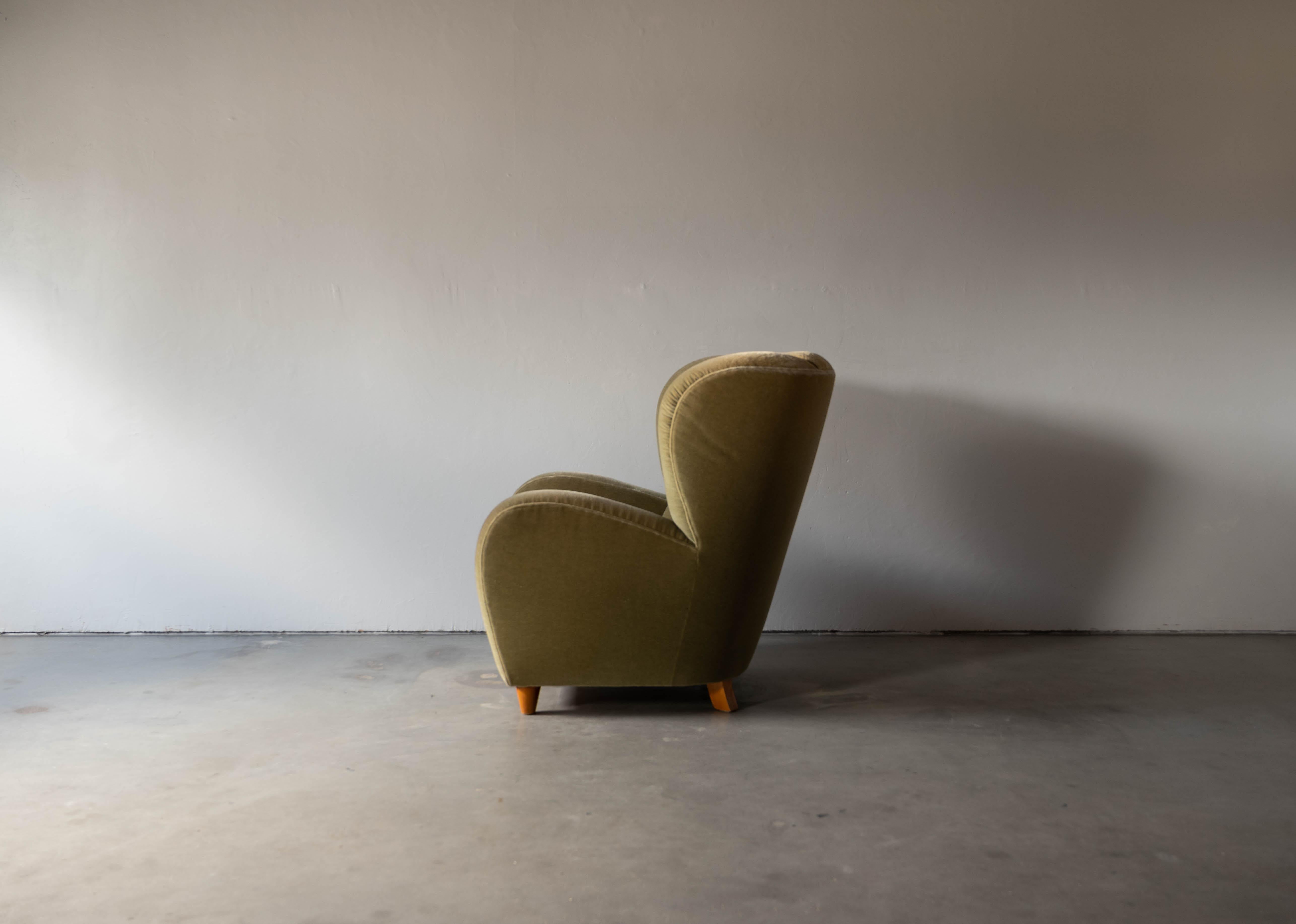 Organic Modern Danish Designer, Organic Lounge Chair, Velvet, Wood, Denmark, 1940s