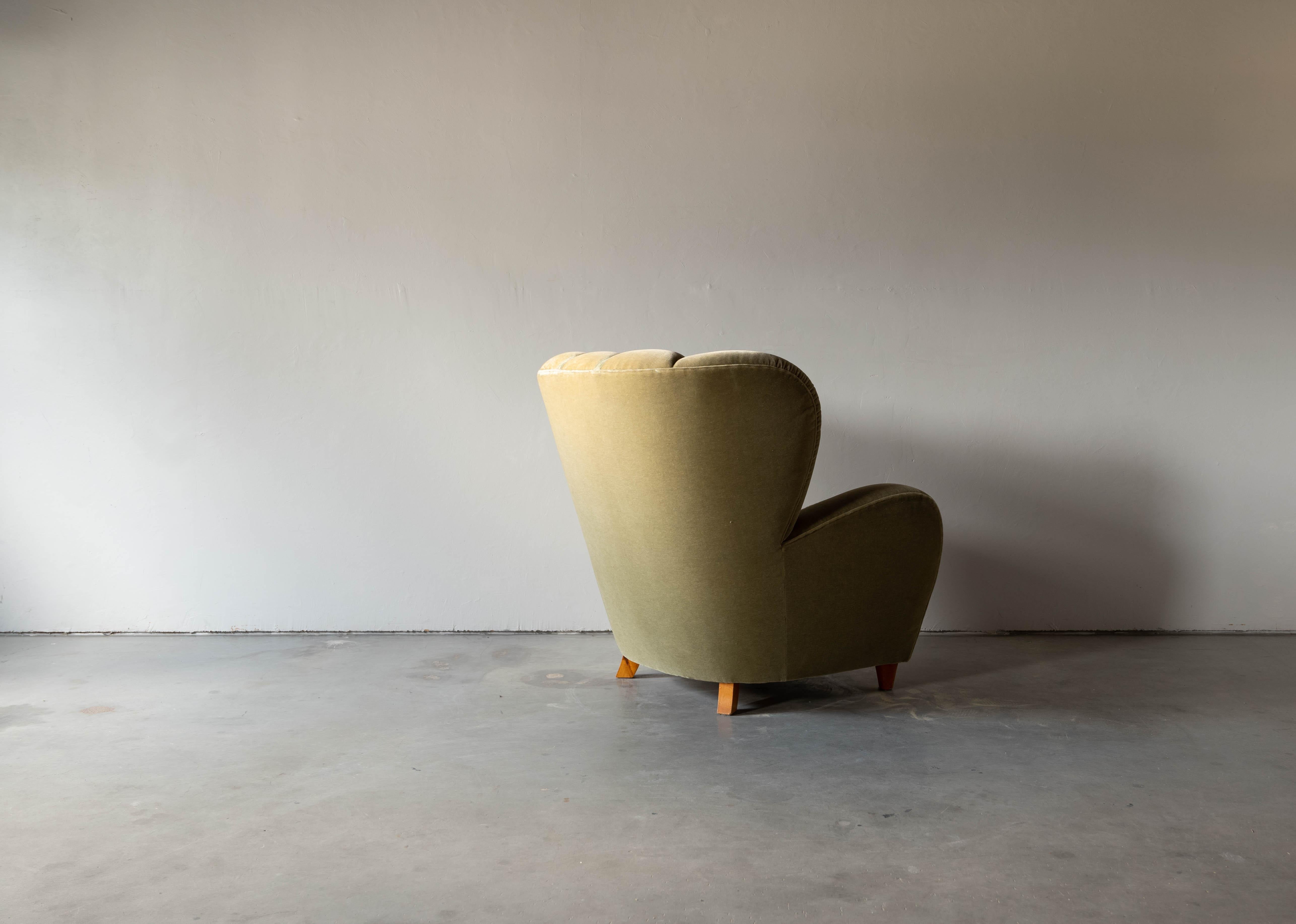Sheepskin Danish Designer, Organic Lounge Chair, Velvet, Wood, Denmark, 1940s