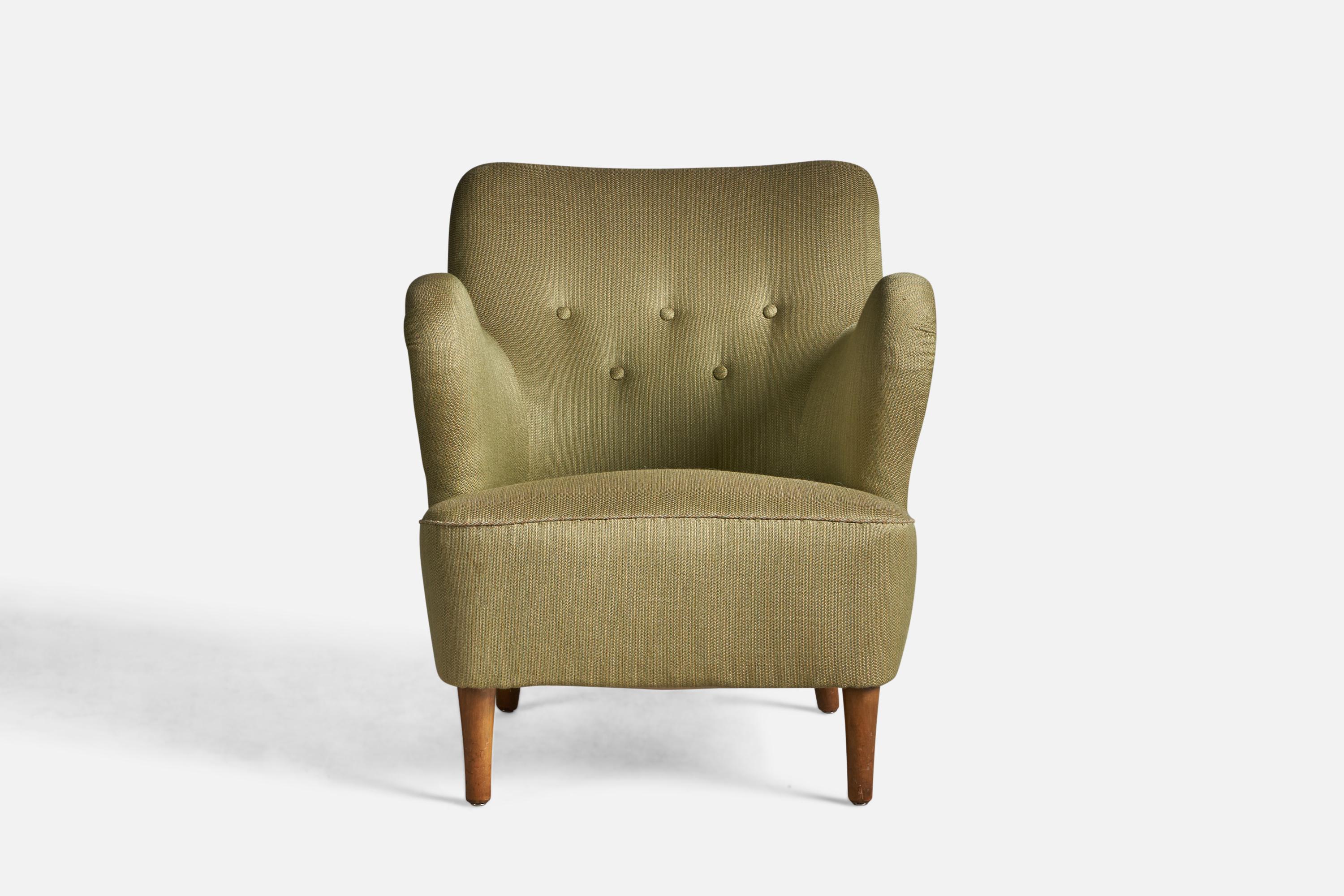 Scandinavian Modern Danish Designer, Organic Lounge Chair, Wood, Fabric, Denmark, 1940s