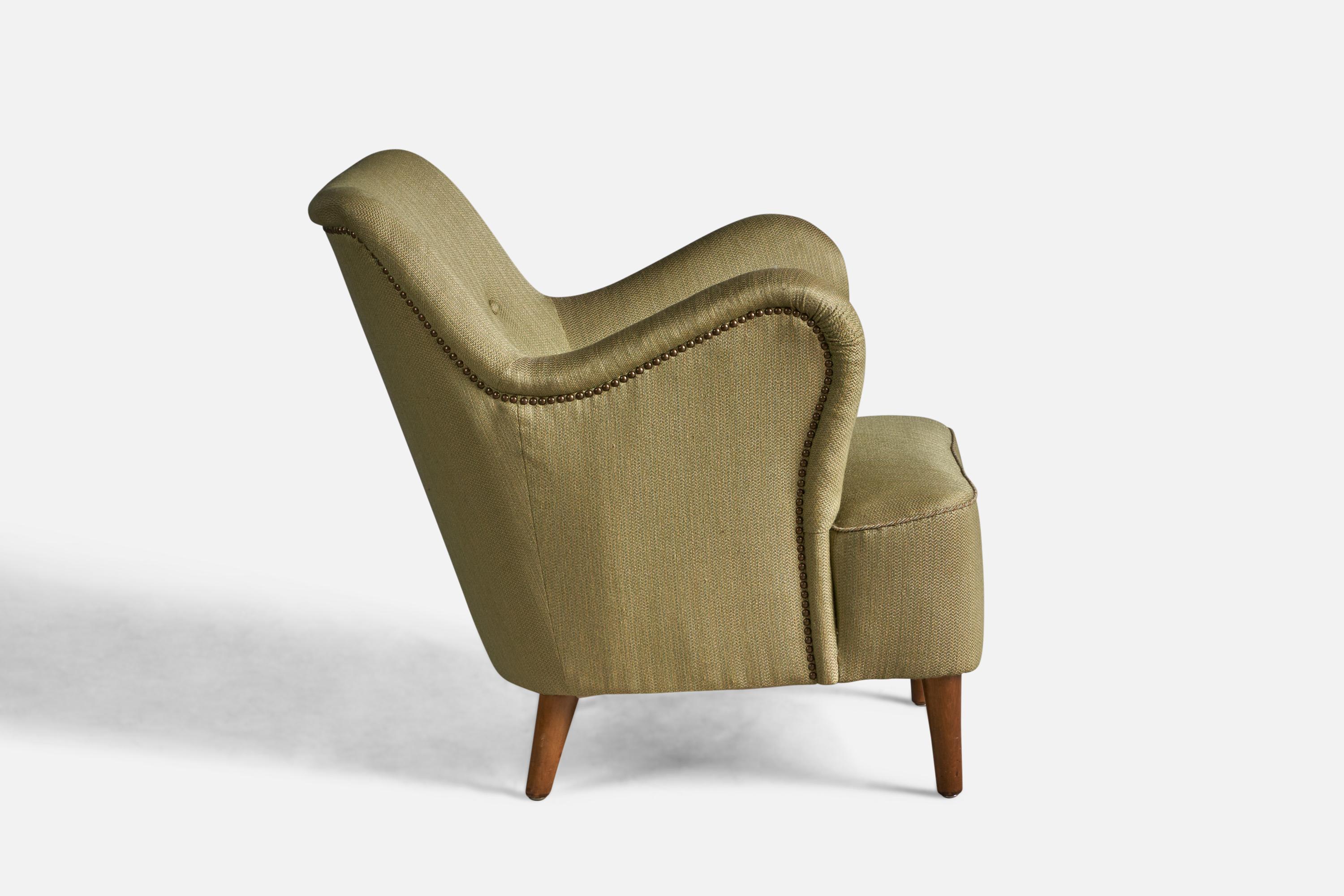 European Danish Designer, Organic Lounge Chair, Wood, Fabric, Denmark, 1940s