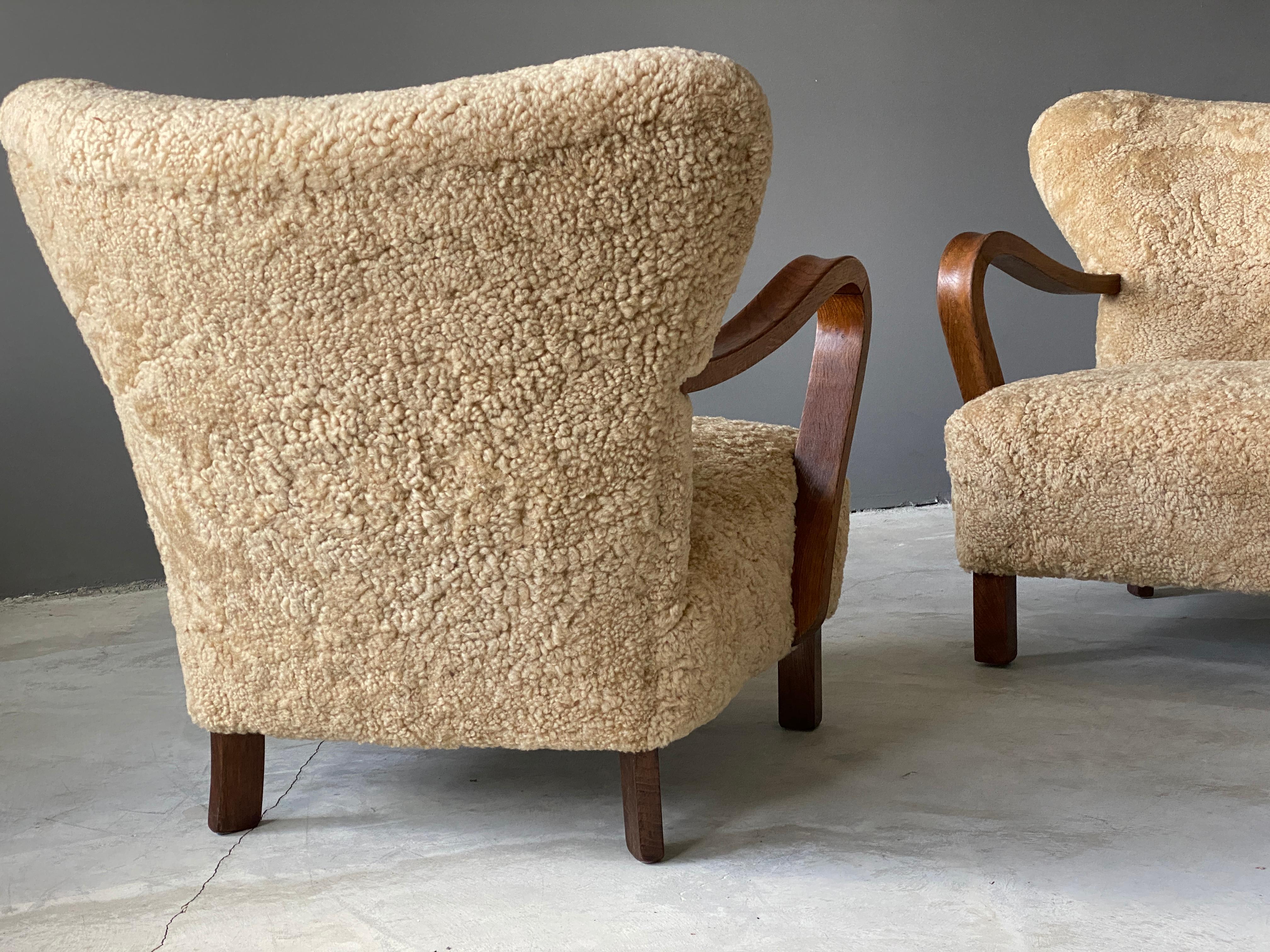 Danish Designer, Organic Lounge Chairs, Sheepskin, Stained Beech, Denmark, 1940s 3