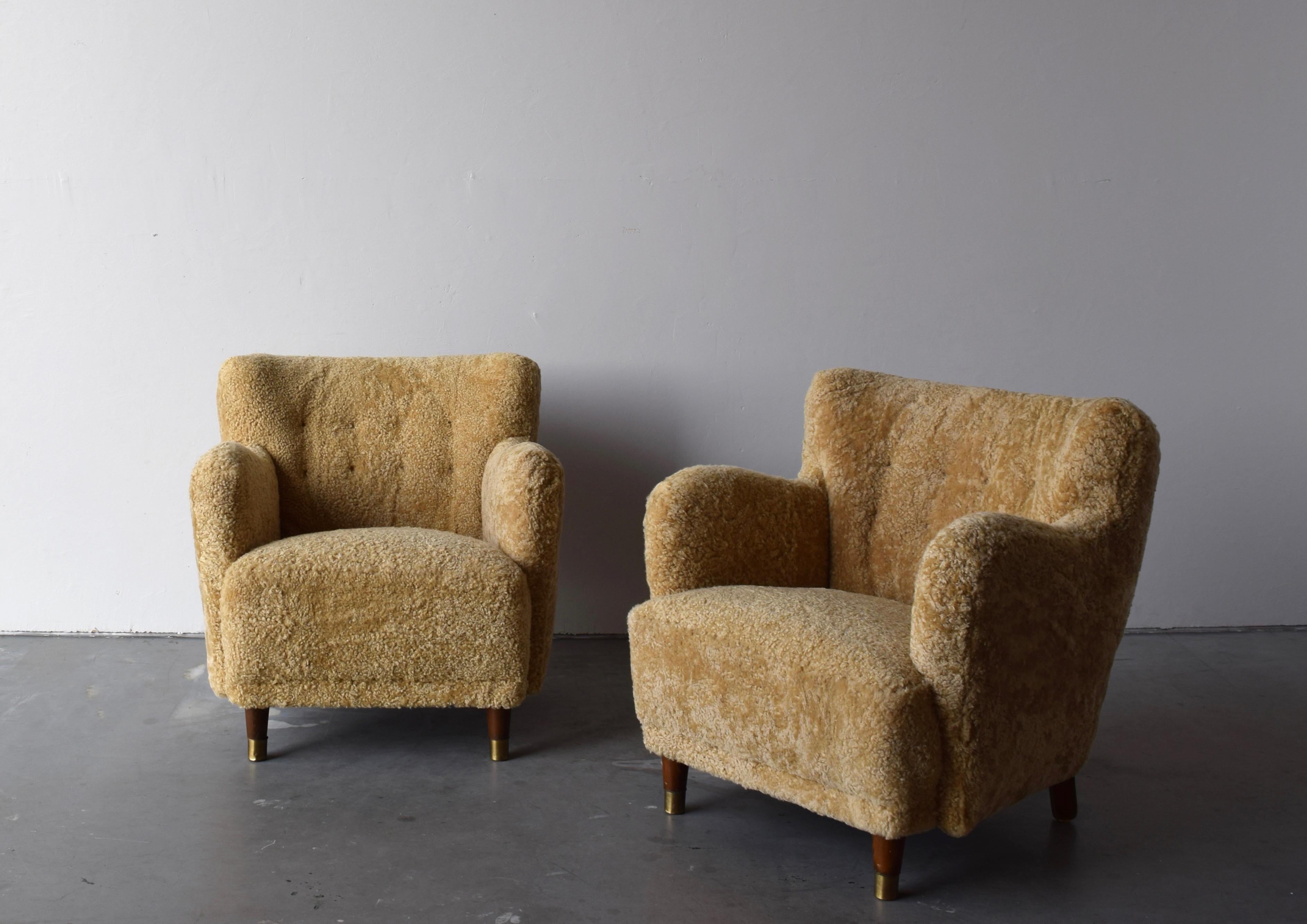 Danish Designer, Organic Lounge Chairs, Sheepskin, Wood, Brass, Denmark, 1940s 1
