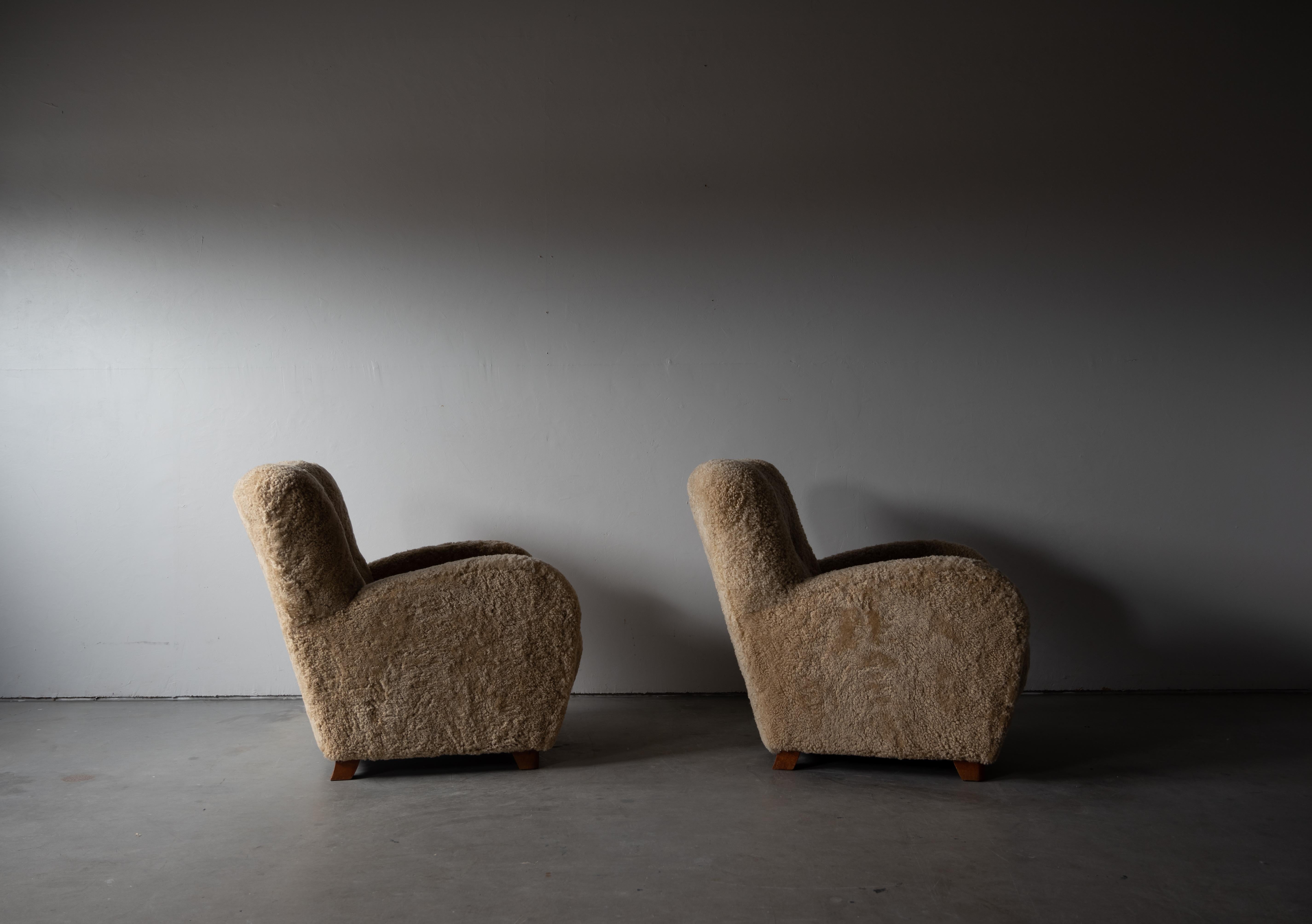Danish Designer, Organic Lounge Chairs, Sheepskin, Wood, Denmark, 1940s 6