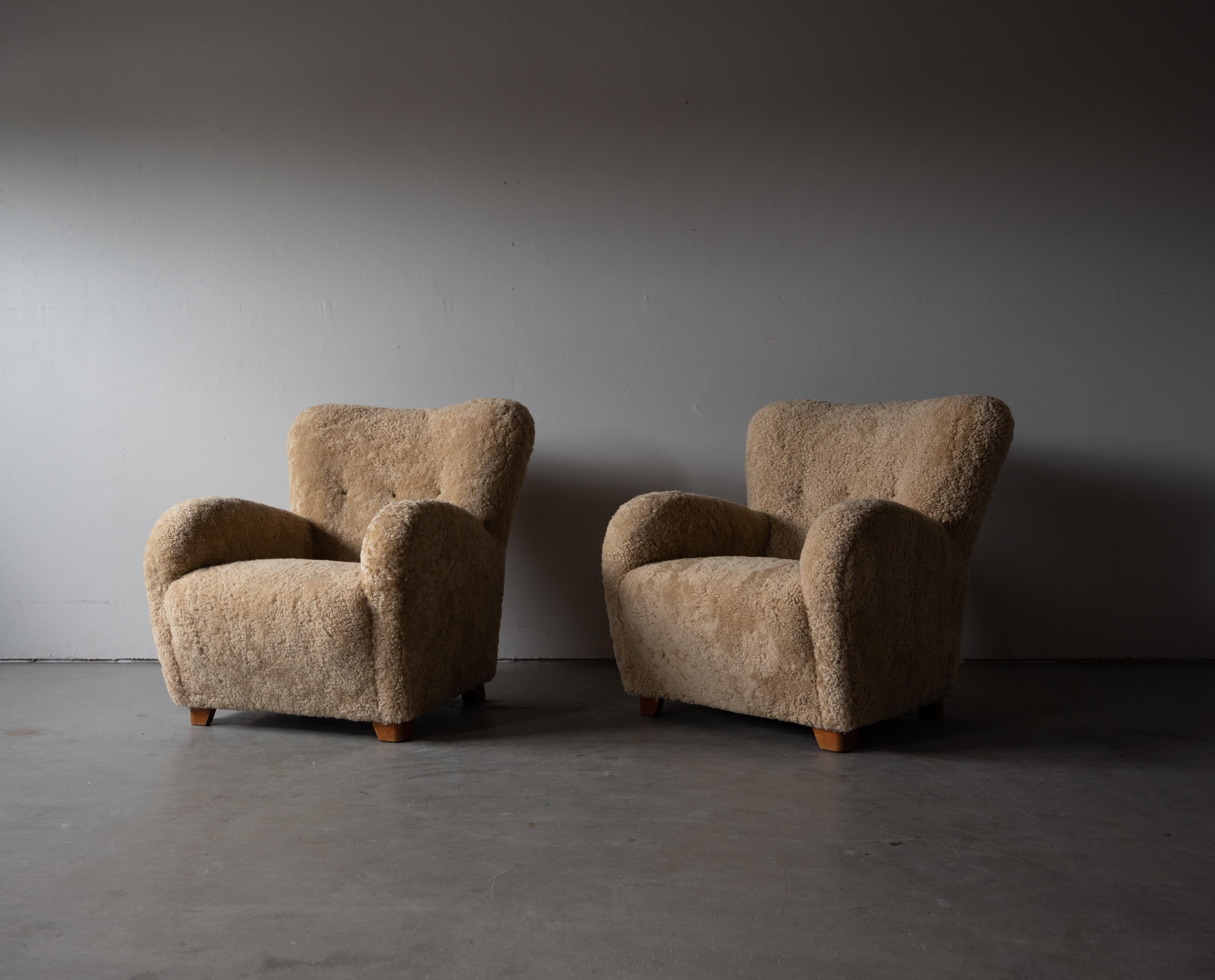 Organic Modern Danish Designer, Organic Lounge Chairs, Sheepskin, Wood, Denmark, 1940s