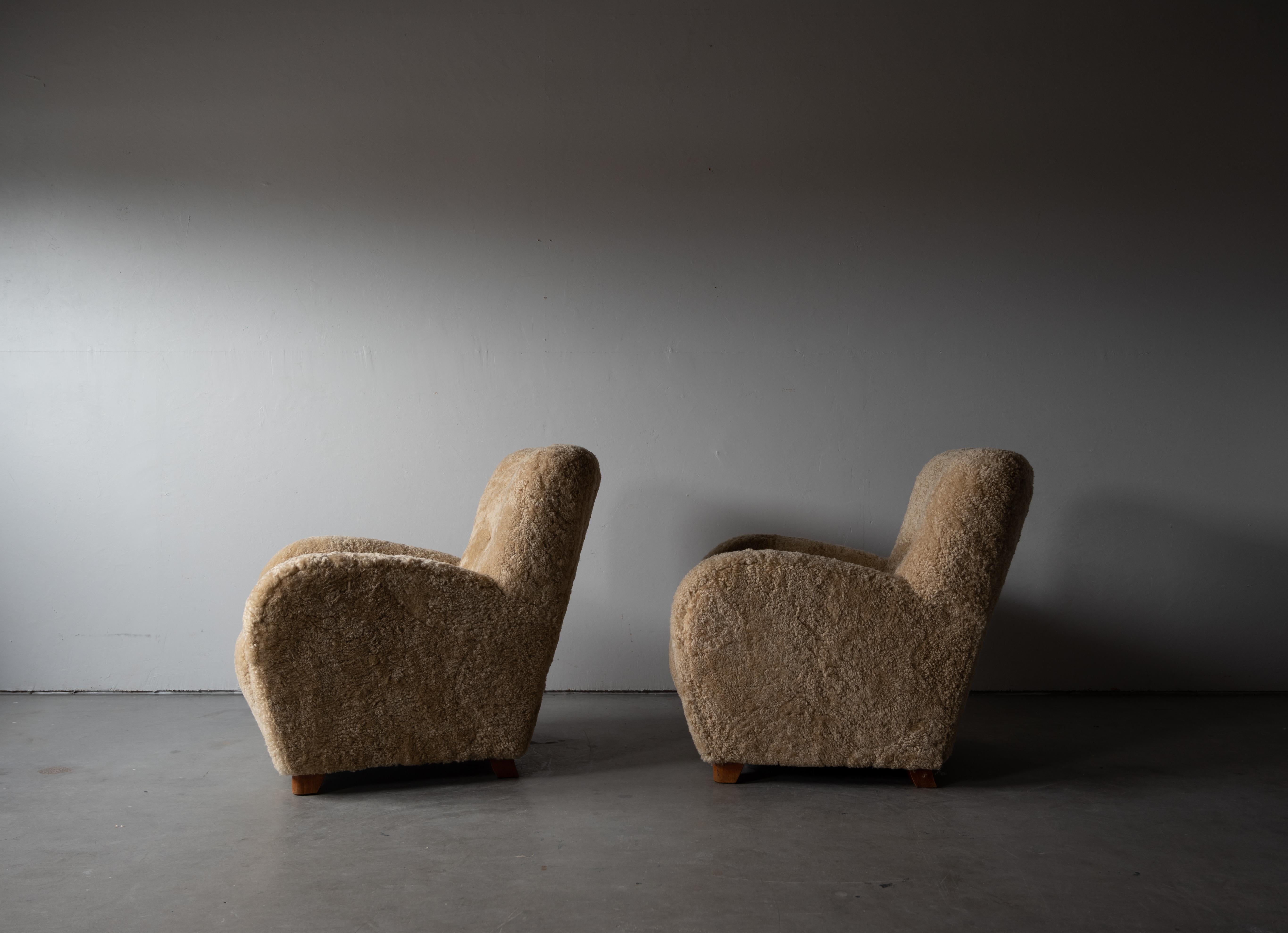 Danish Designer, Organic Lounge Chairs, Sheepskin, Wood, Denmark, 1940s 3