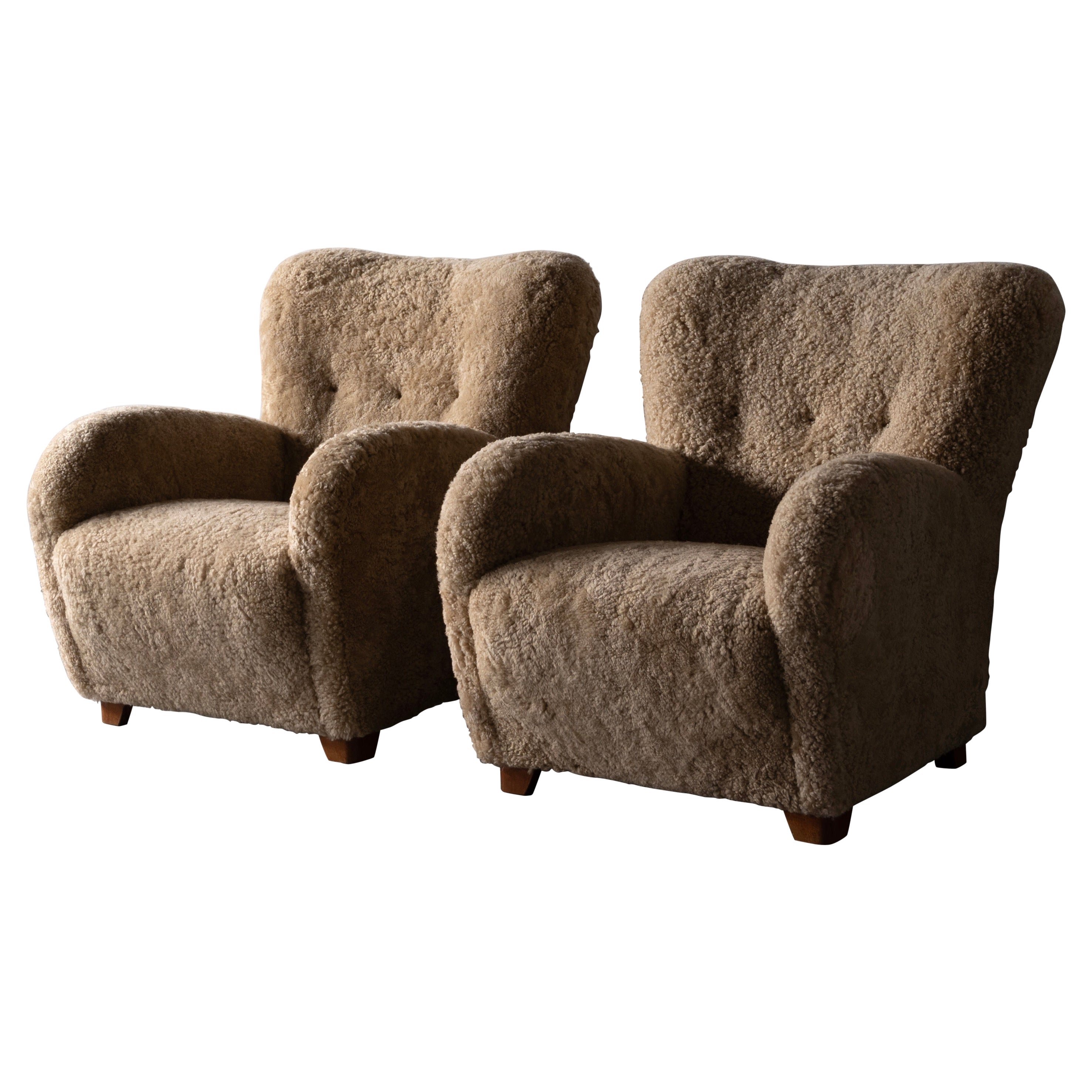 Danish Designer, Organic Lounge Chairs, Sheepskin, Wood, Denmark, 1940s