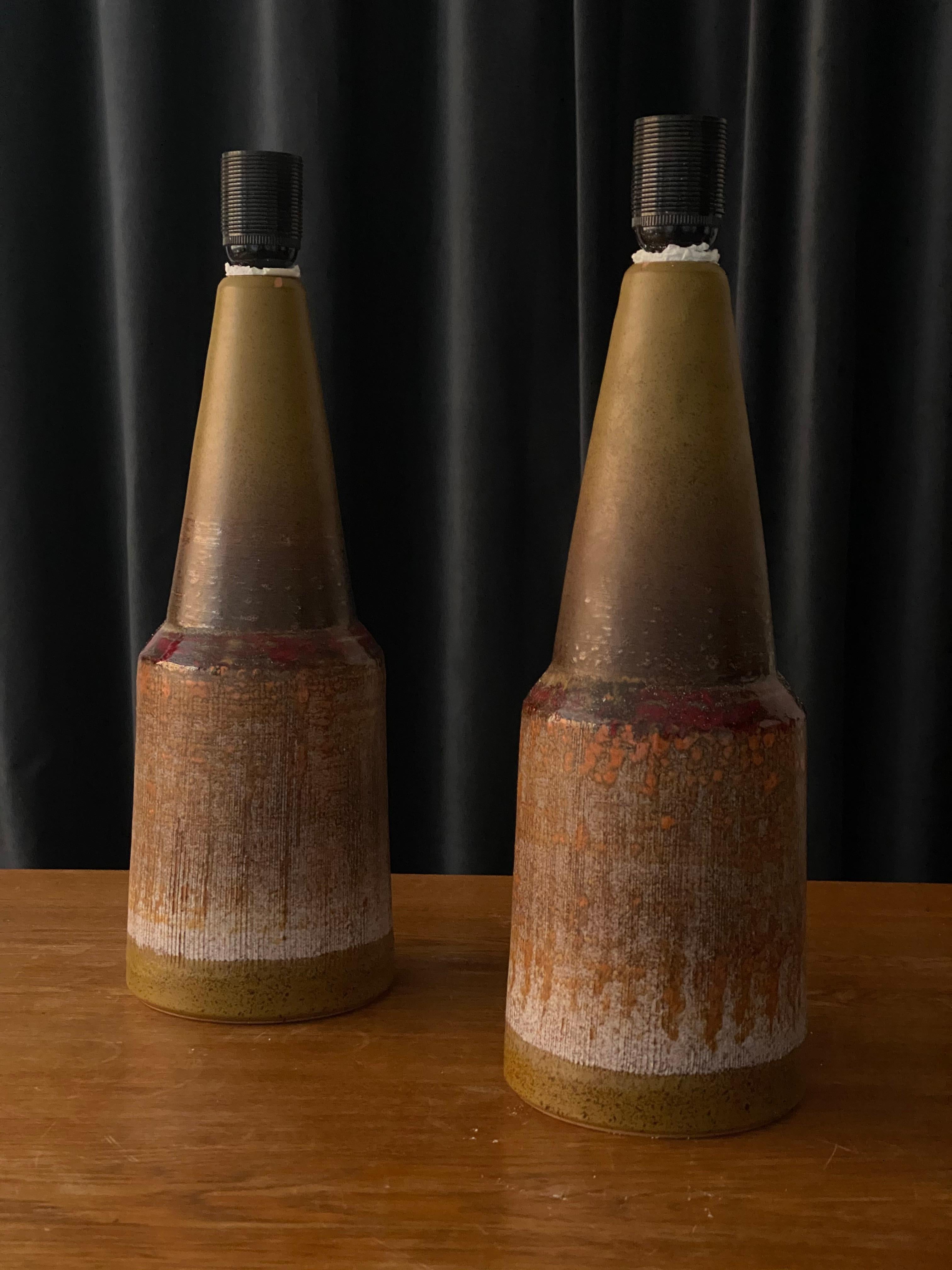 Mid-Century Modern Danish Designer, Pair of Table Lamps, Glazed Stoneware, Denmark, 1960s