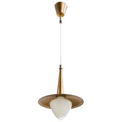 Danish Designer, Pendant Light, Brass, Glass, Denmark, 1950s