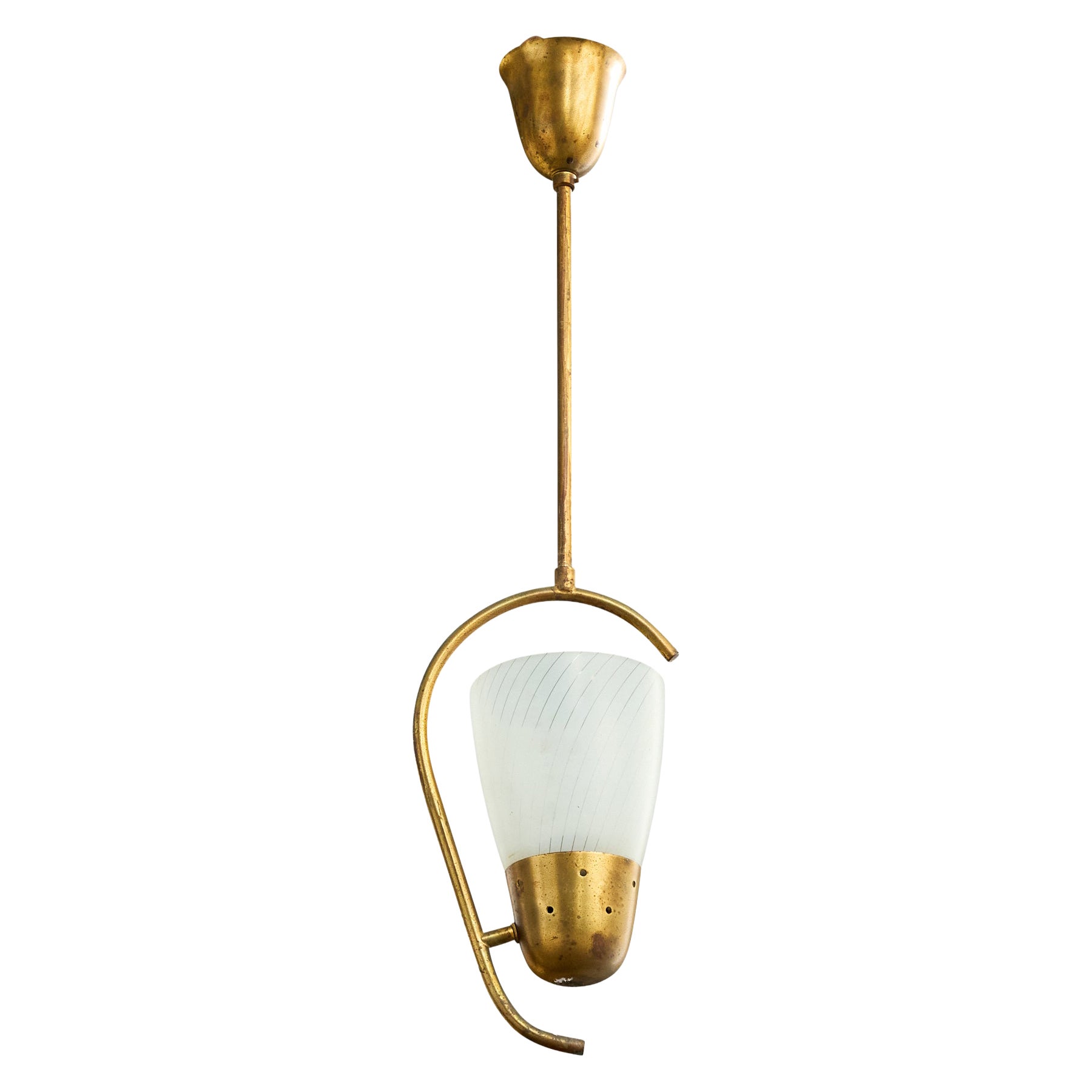 Danish Designer, Pendant Light, Brass, Glass, Denmark, 1950s