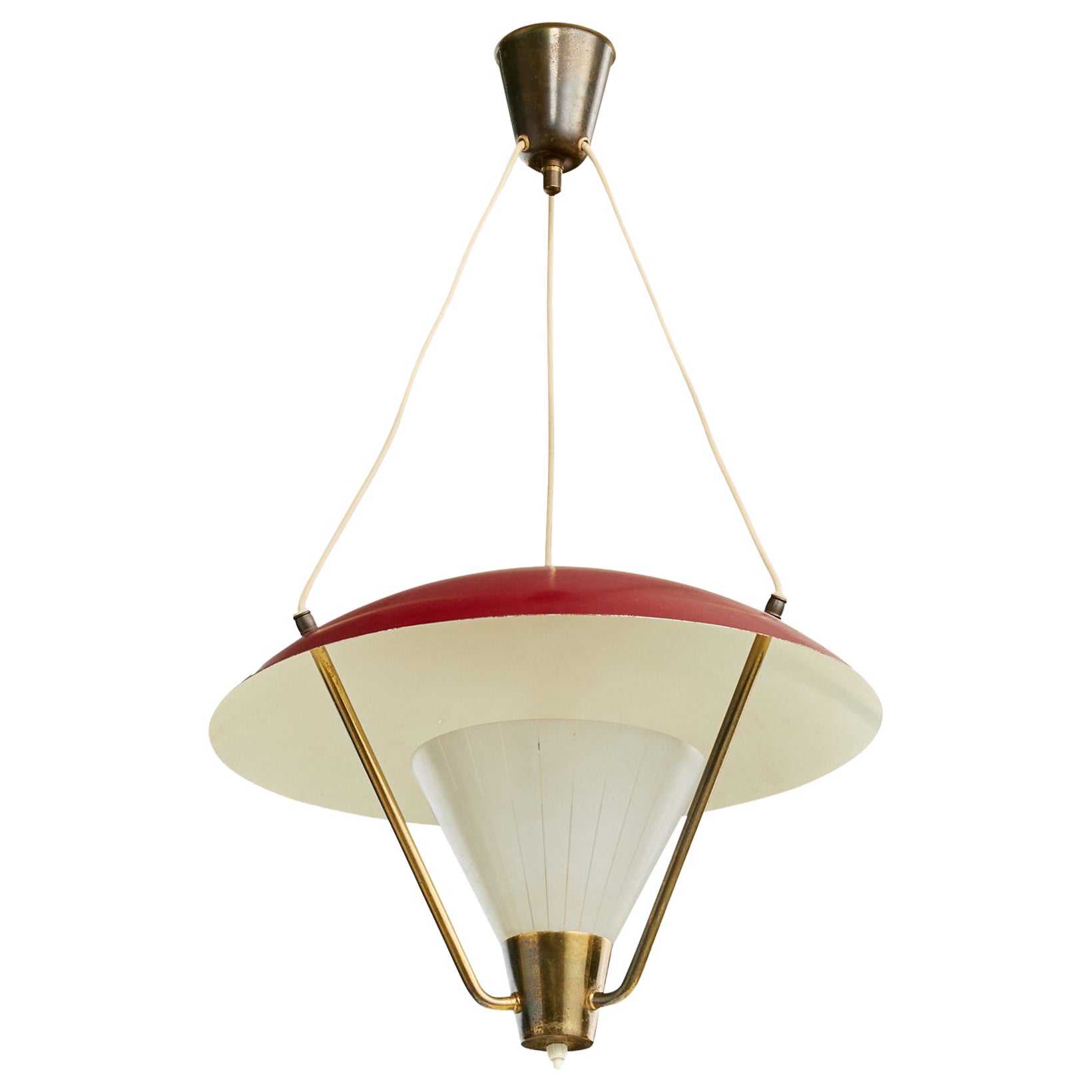 Danish Designer, Pendant Light, Brass, Metal, Glass, Denmark, 1950s For Sale