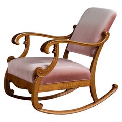 Danish Designer, Rocking Chair, Oak, Velvet, Denmark, 1940s