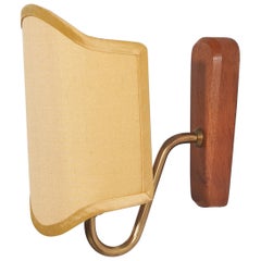 Sconcezza di design danese, ottone, teak, tessuto, Danimarca, anni '50