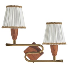 Danish Designer, Sconce, Brass, Teak, Fabric, Denmark, 1950s
