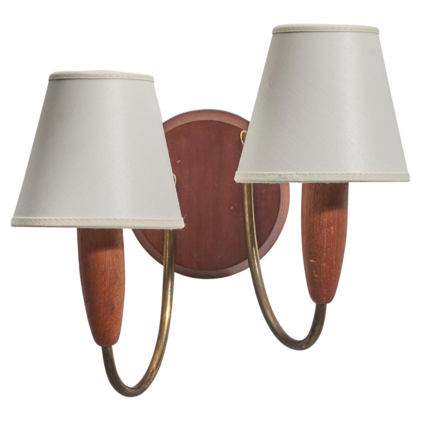 Danish Designer, Sconce, Teak, Brass, Fabric, Denmark, 1950s For Sale