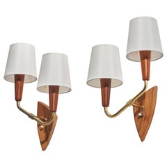 Danish Designer, Sconces, Brass, Teak, Fabric, Denmark, 1960s