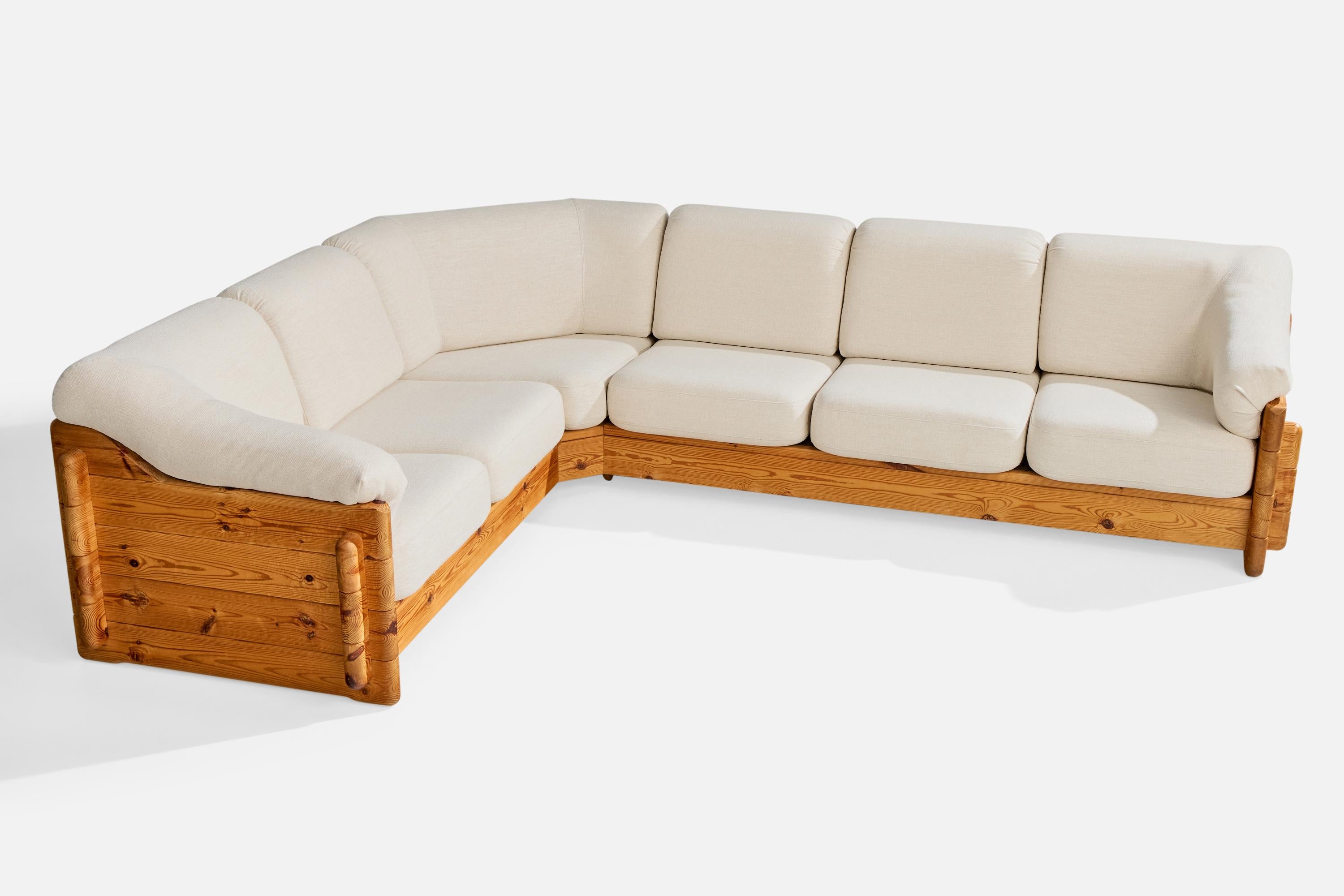 Diseñador danés, sofá seccional, pino, tela, Dinamarca, años 70 Moderno de mediados de siglo en venta