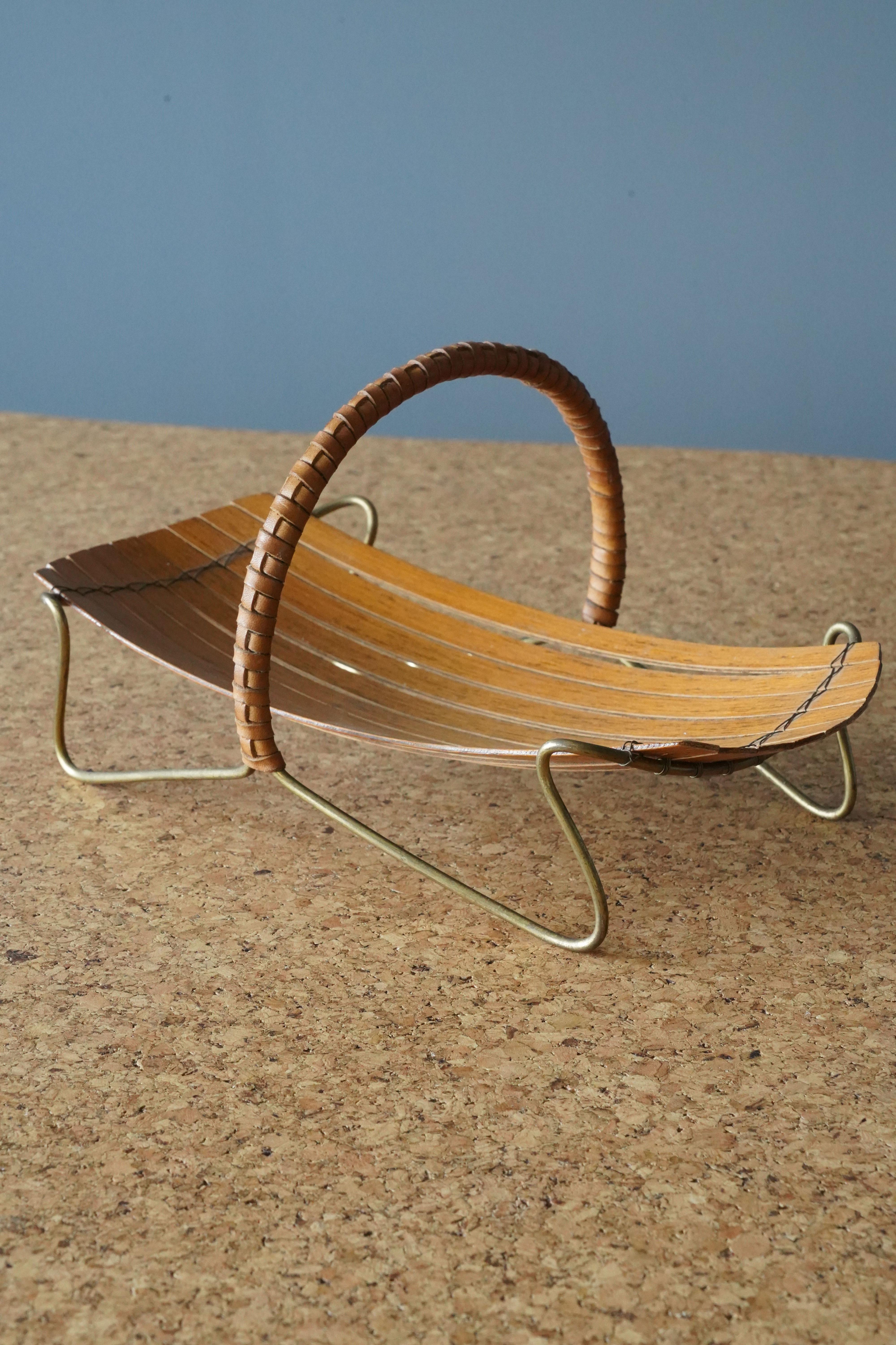 Danish Designer, Serving Tray, Brass, Wood, Leather, Cord, Denmark, 1950s In Good Condition For Sale In High Point, NC