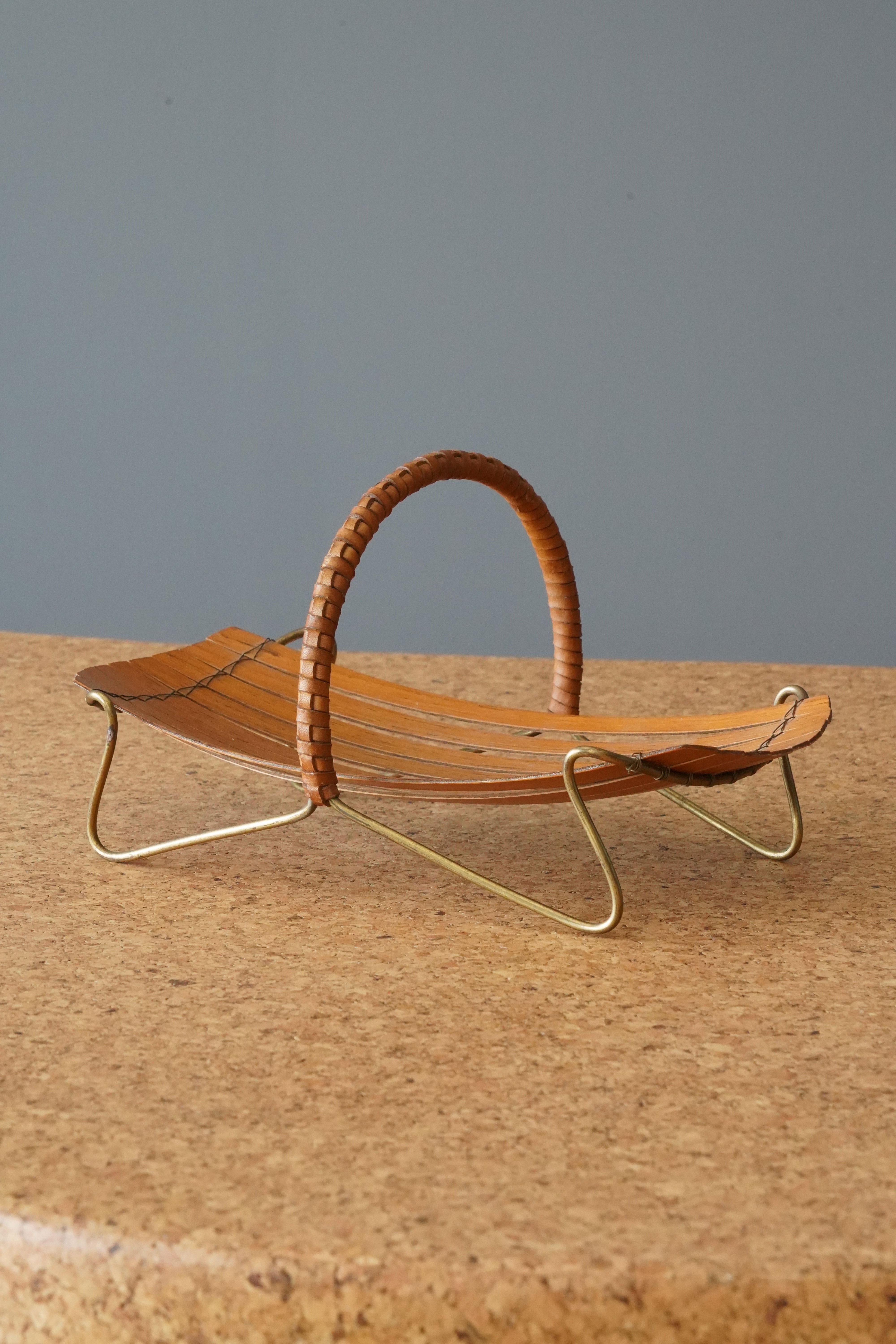 Mid-20th Century Danish Designer, Serving Tray, Brass, Wood, Leather, Cord, Denmark, 1950s For Sale