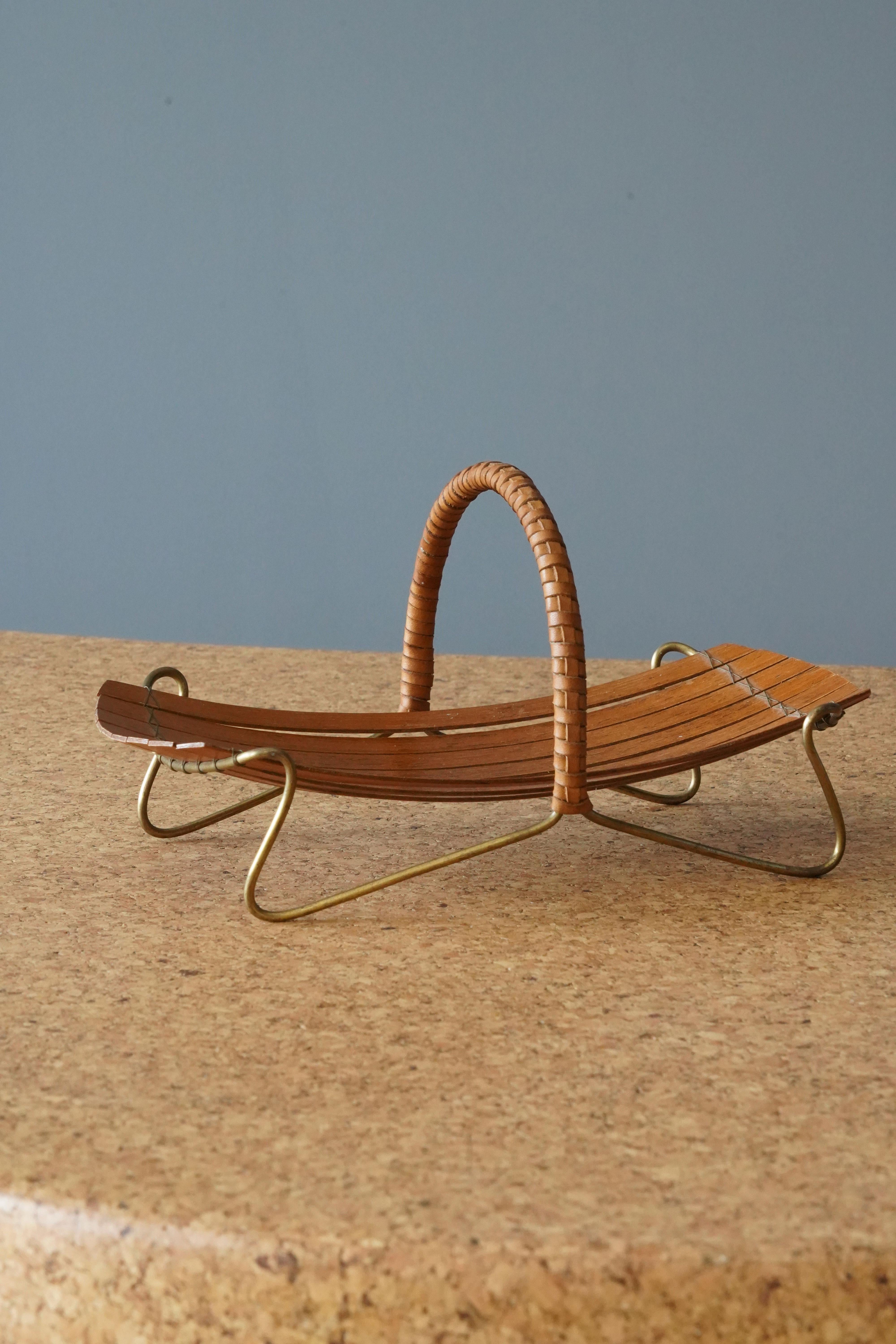 Danish Designer, Serving Tray, Brass, Wood, Leather, Cord, Denmark, 1950s For Sale 1