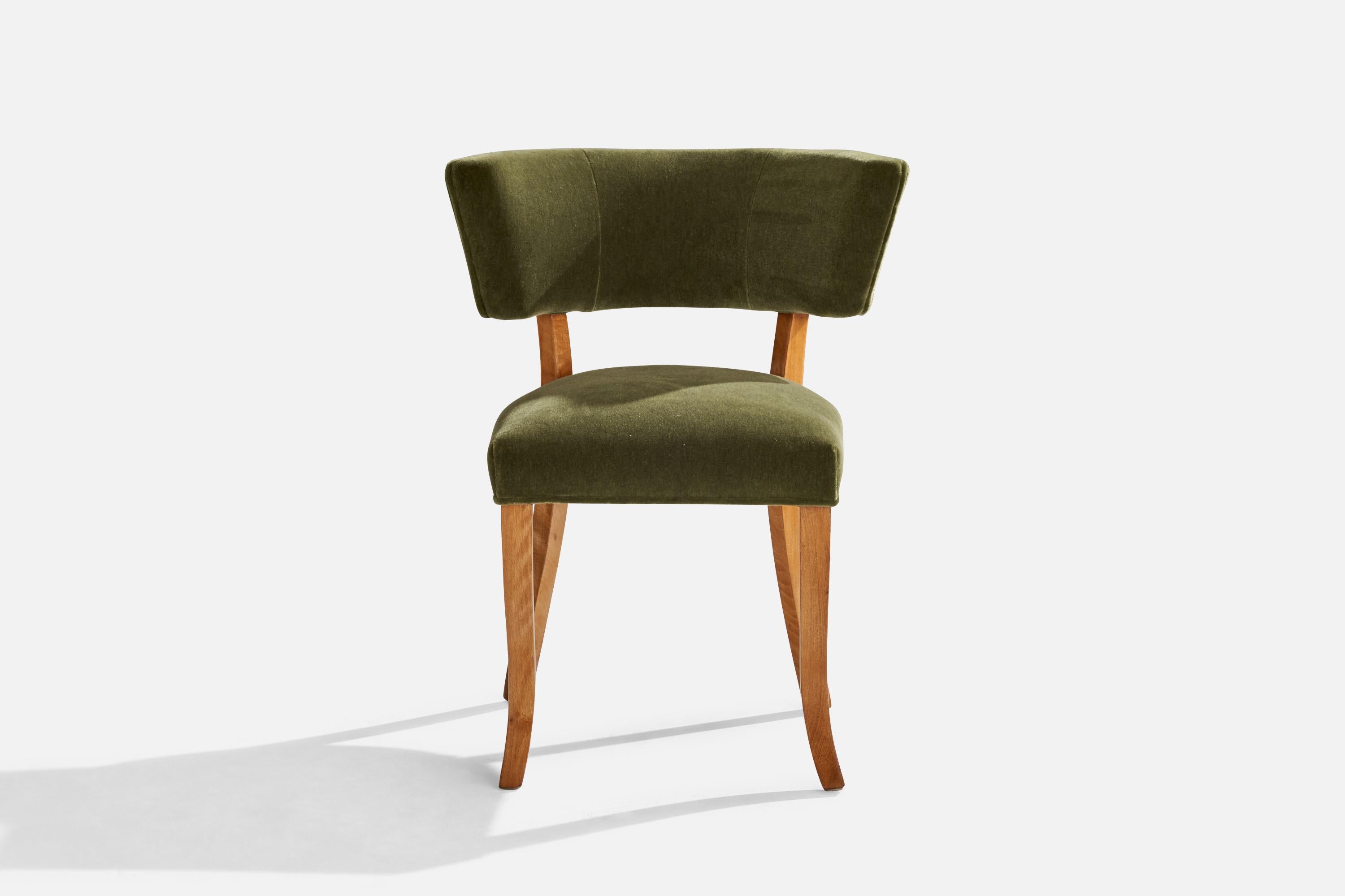 Scandinavian Modern Danish Designer, Side Chair, Velvet, Beech, Denmark, 1930s For Sale