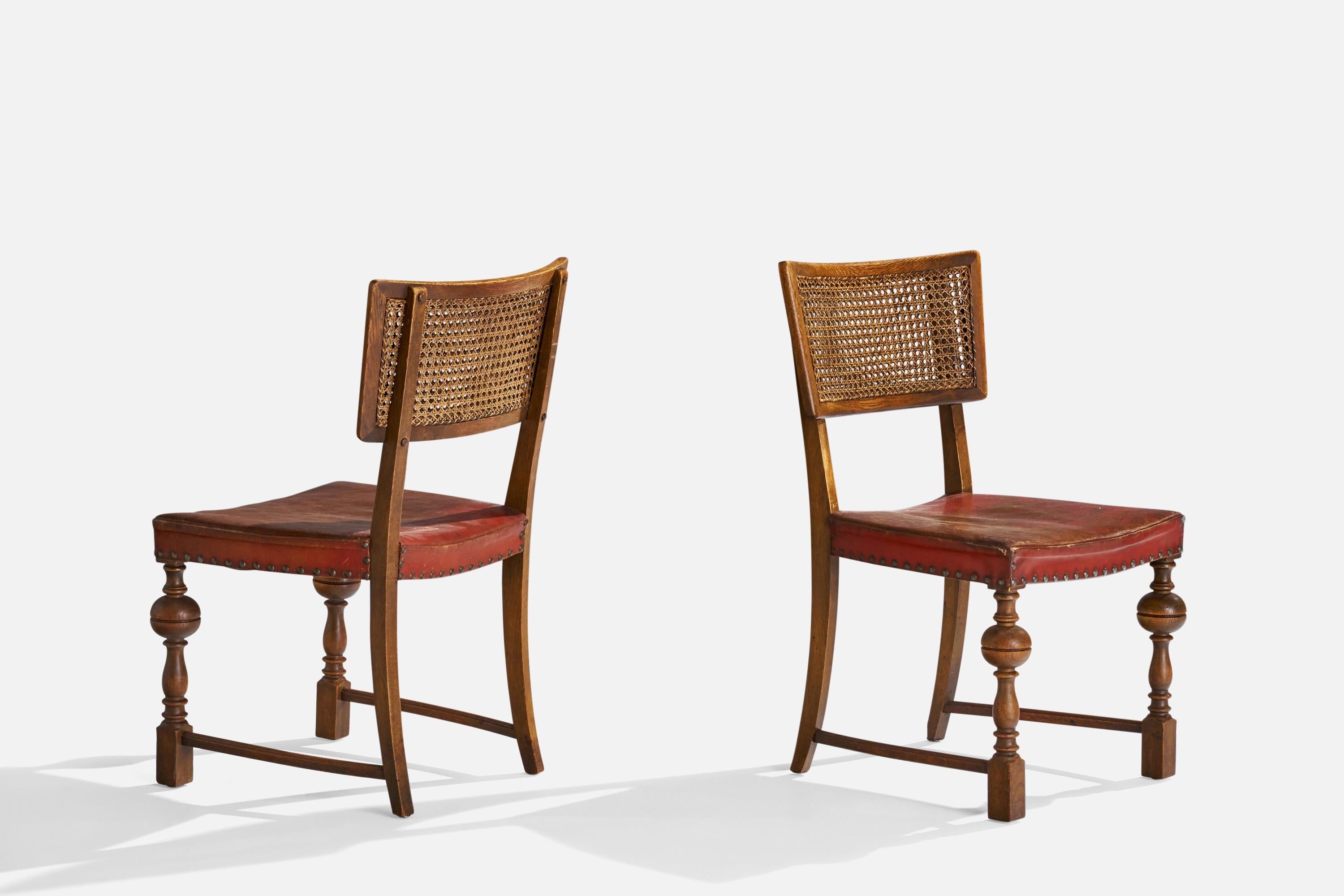 Danish Designer, Side Chairs, Oak, Cane, Leather, Denmark, 1930s For Sale 5