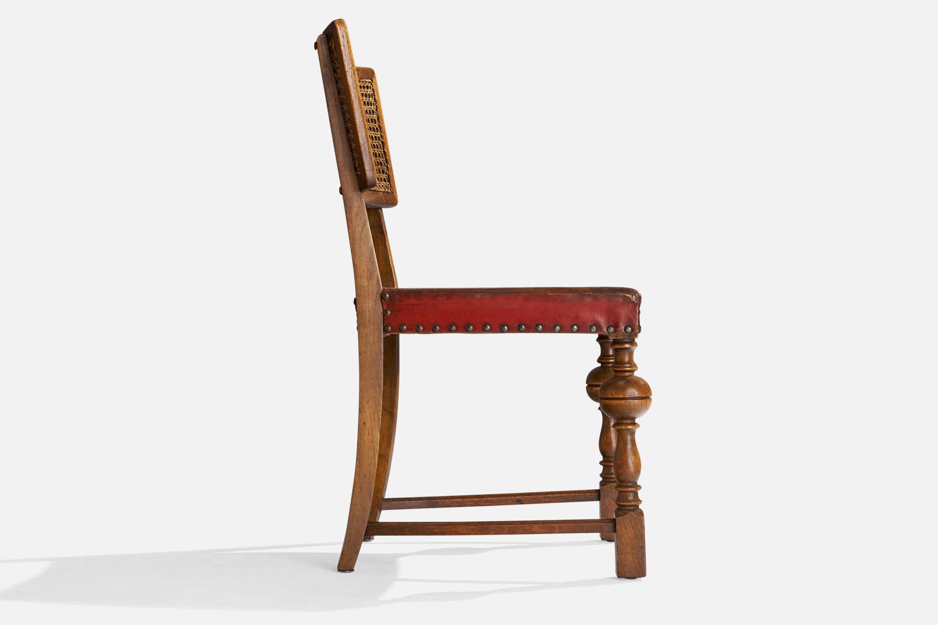Danish Designer, Side Chairs, Oak, Cane, Leather, Denmark, 1930s For Sale 6