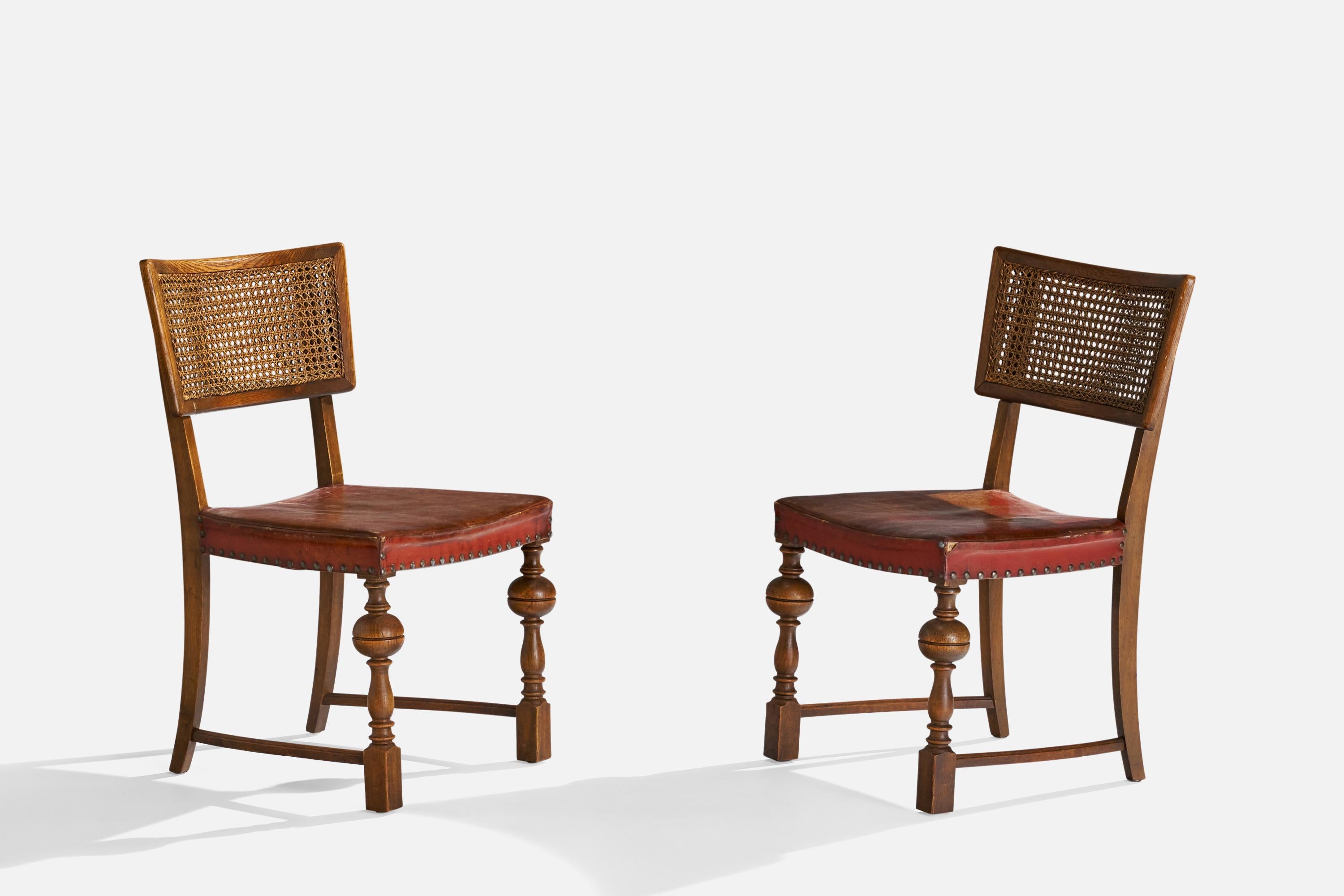 Danish Designer, Side Chairs, Oak, Cane, Leather, Denmark, 1930s For Sale 3