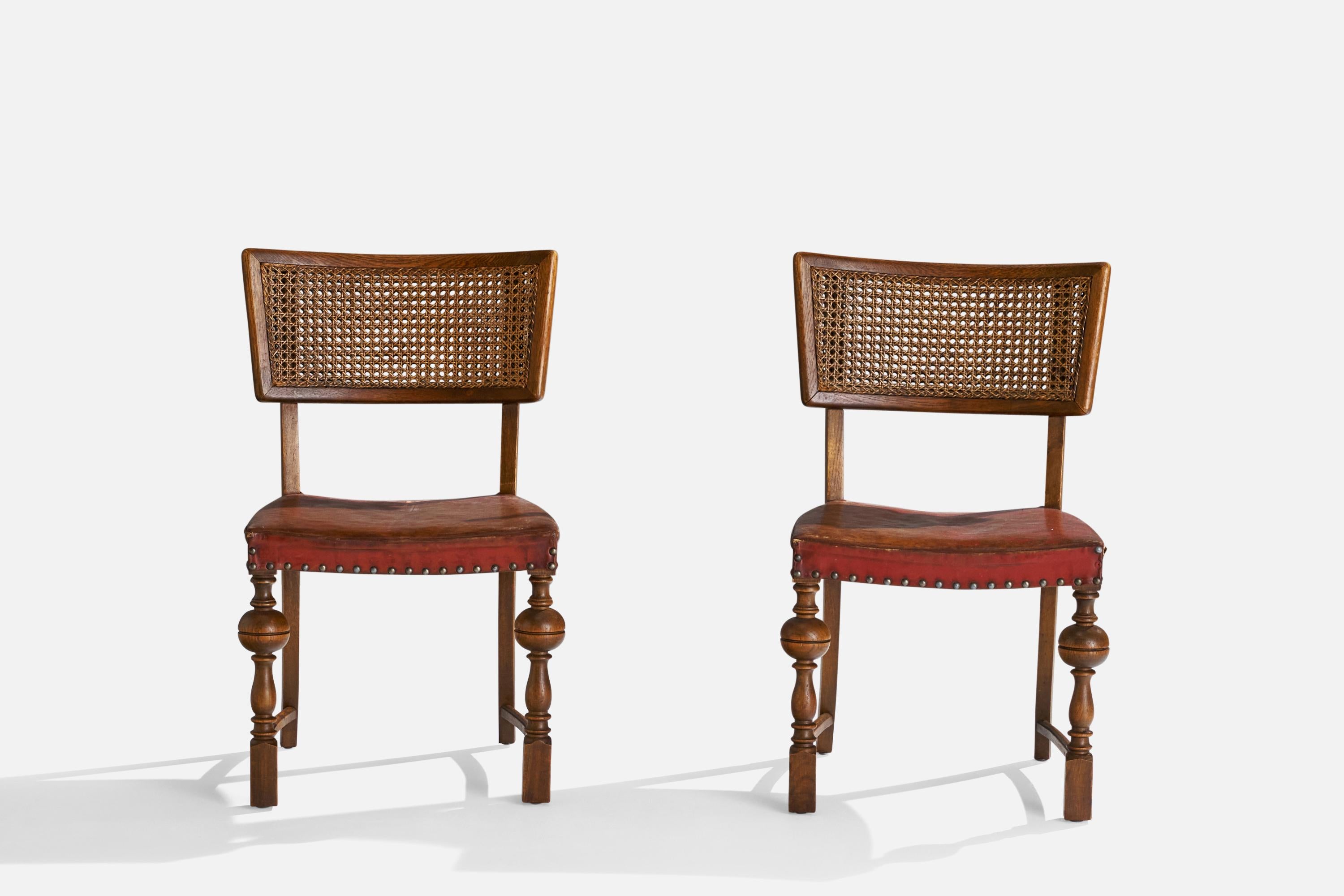 Danish Designer, Side Chairs, Oak, Cane, Leather, Denmark, 1930s For Sale 4