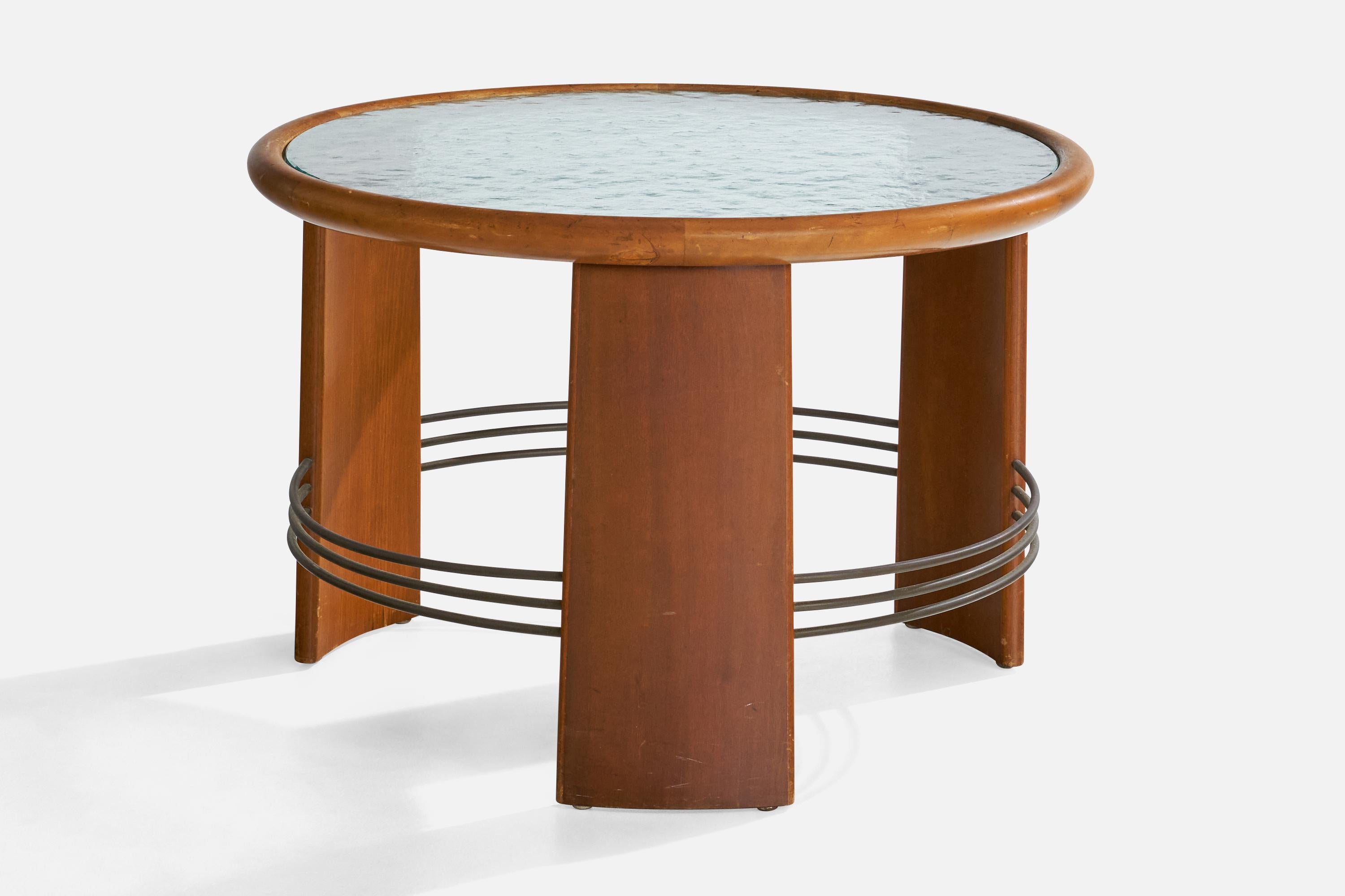 Dänischer Designer, Beistelltisch, Holz, Glas, Metall, Dänemark, 1940er Jahre (Skandinavische Moderne) im Angebot
