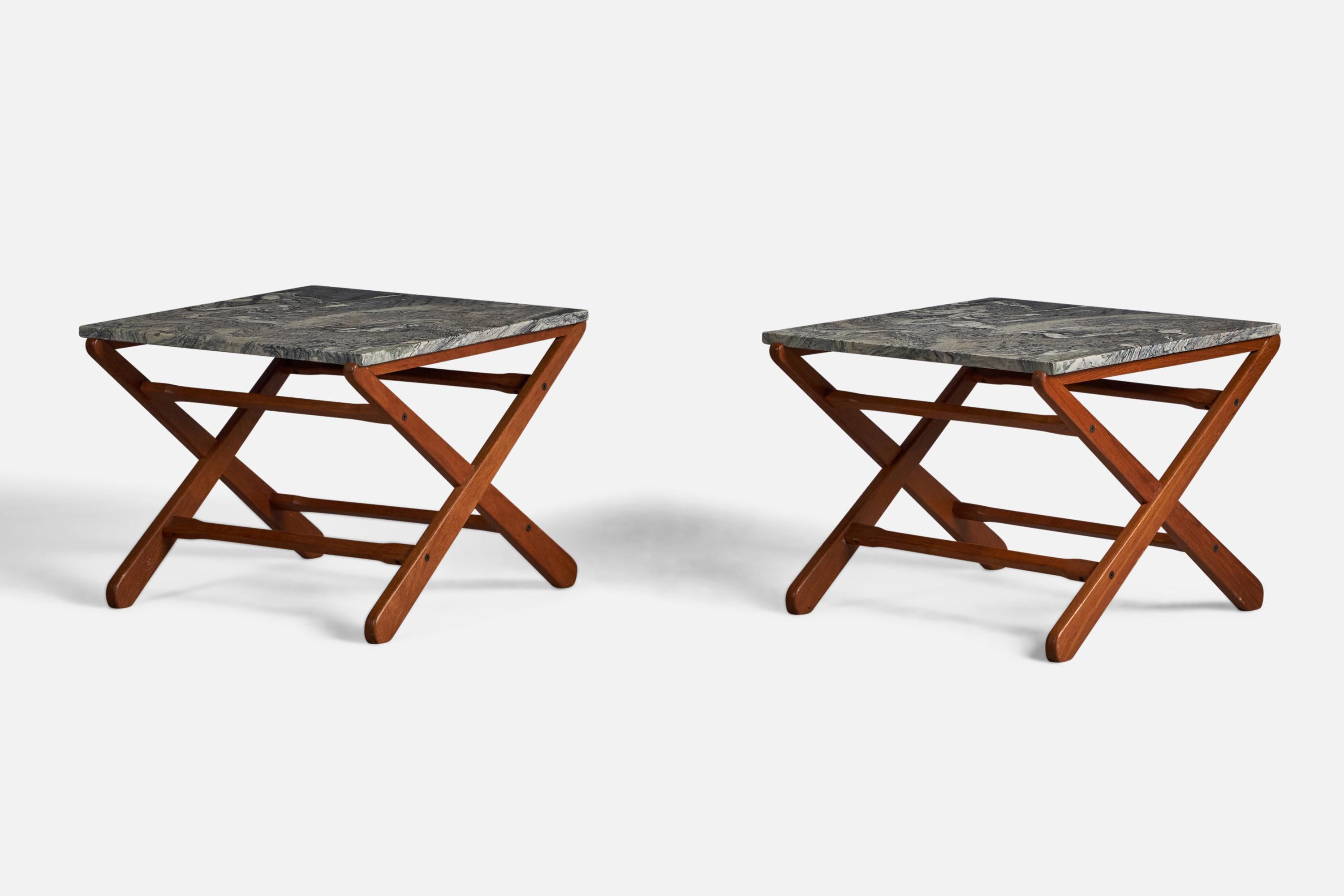 A pair of mahogany and porsgrunn marble side tables designed and produced in Denmark, c. 1950s.