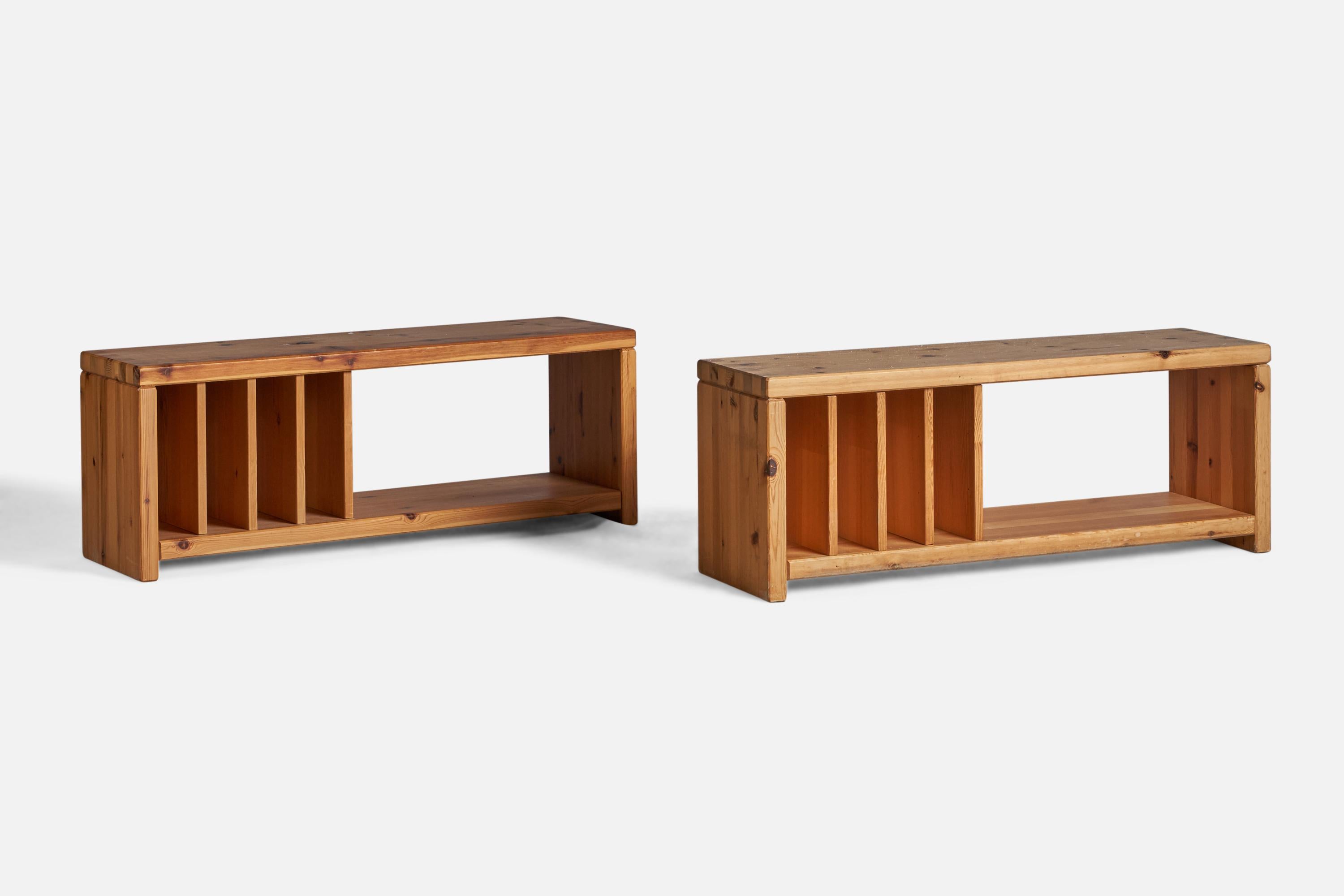 A pair of solid pine sideboards or benches, designed and produced in Denmark, c. 1970s.