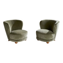 Danish Designer, Slipper Chairs, Beech, Mohair, Denmark, 1940s