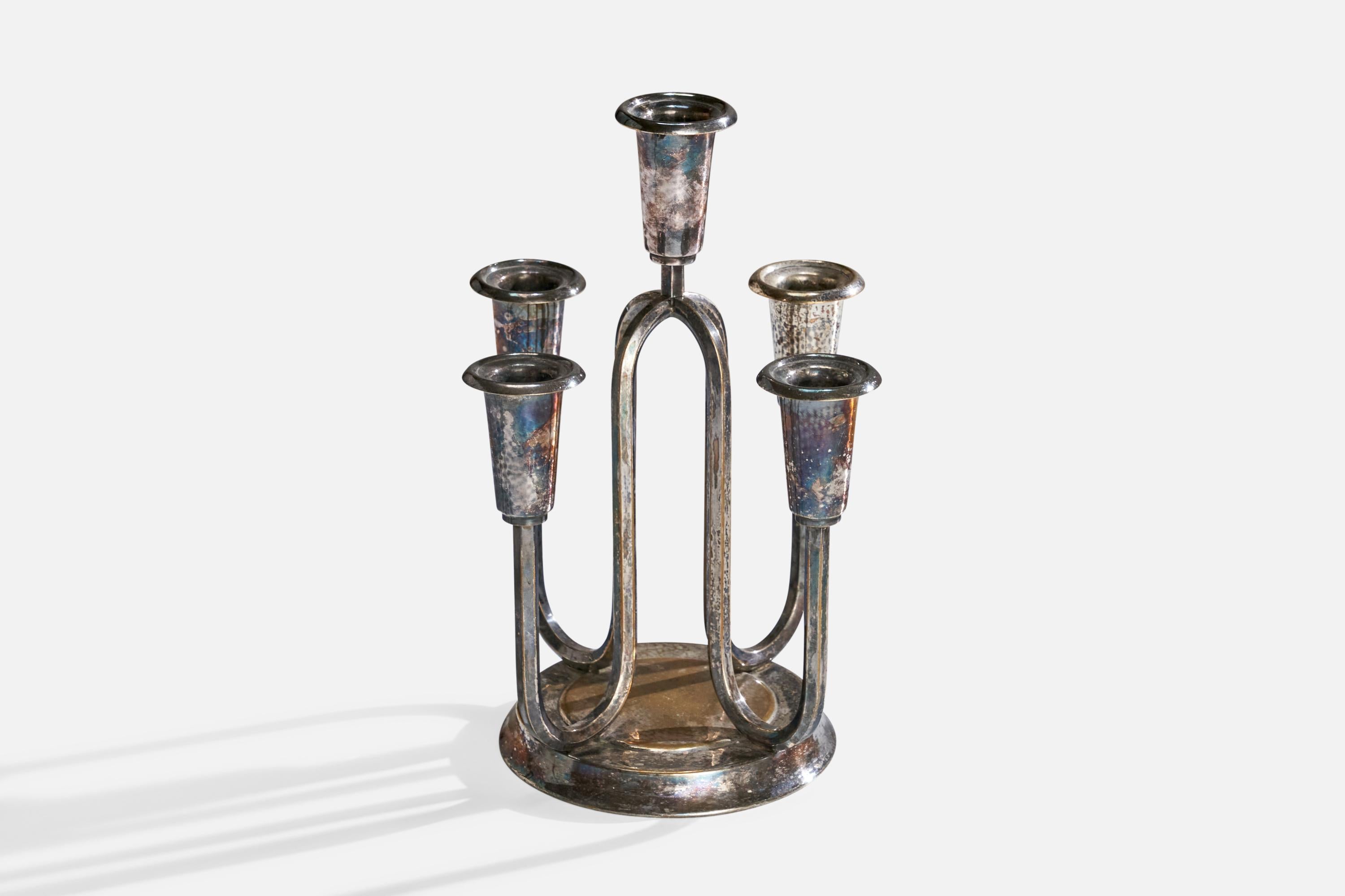 Scandinavian Modern Danish Designer, Small Candelabra, Silver Plate, Denmark, 1940s For Sale