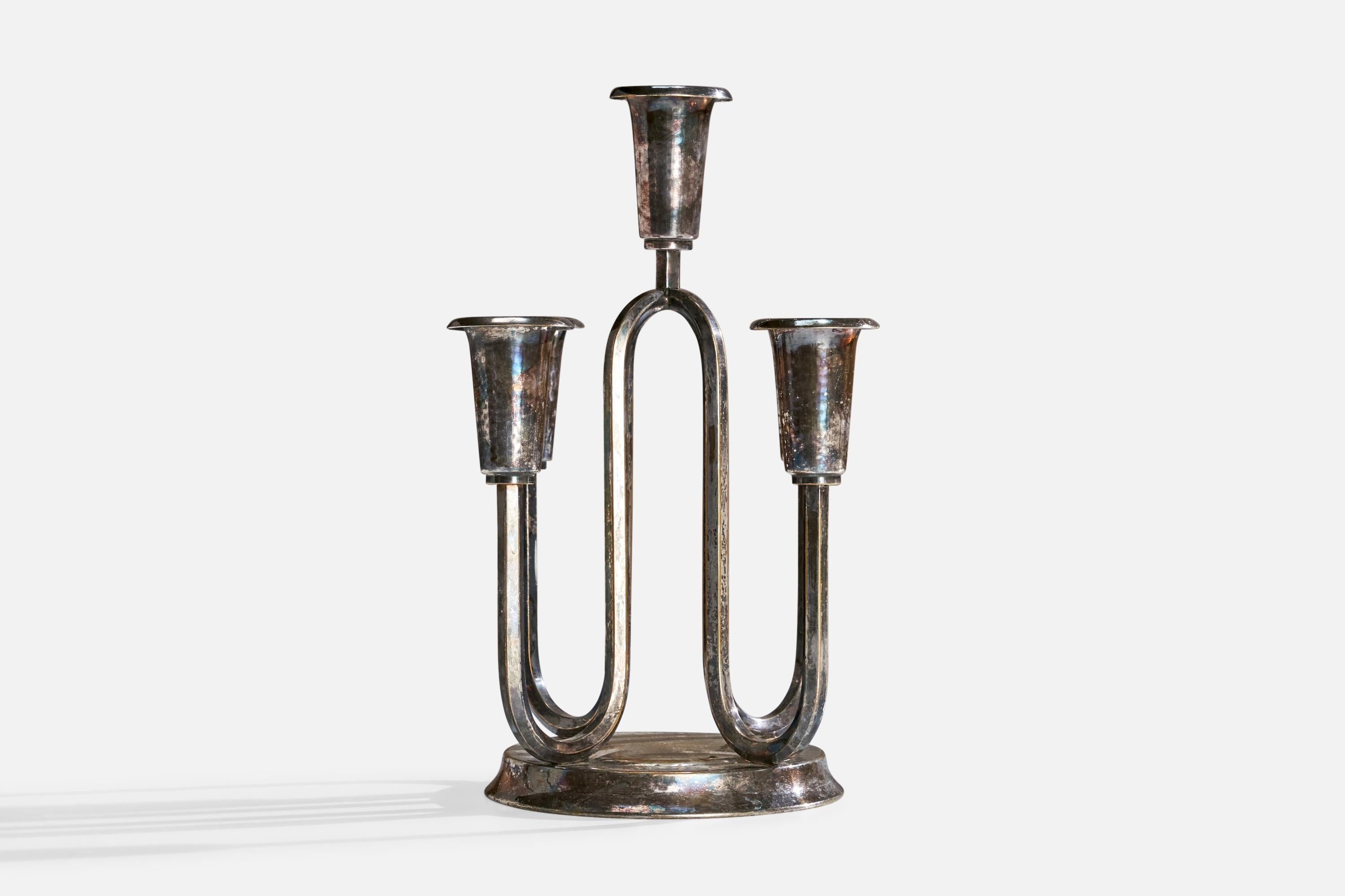 Danish Designer, Small Candelabra, Silver Plate, Denmark, 1940s In Fair Condition For Sale In High Point, NC