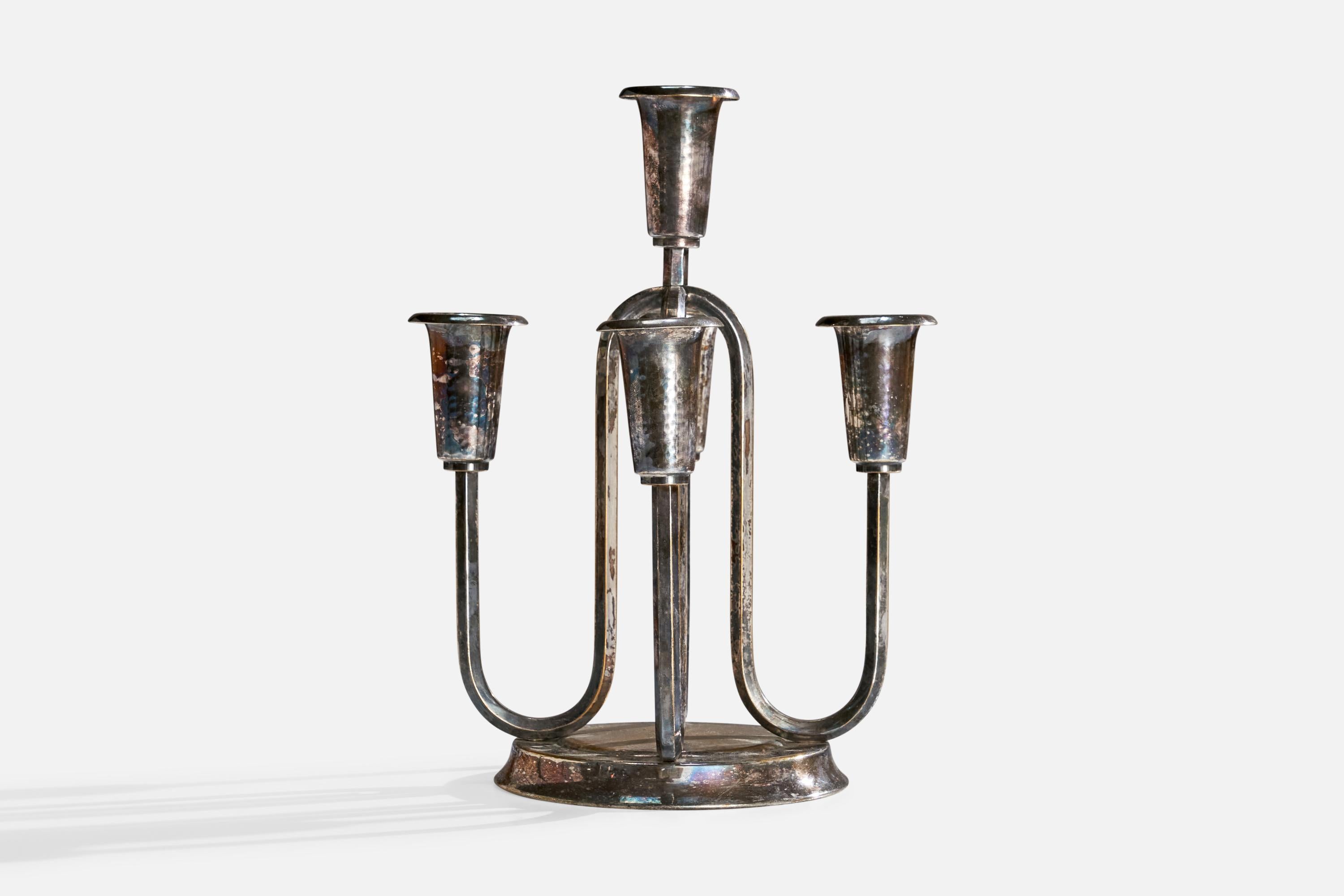 Mid-20th Century Danish Designer, Small Candelabra, Silver Plate, Denmark, 1940s For Sale