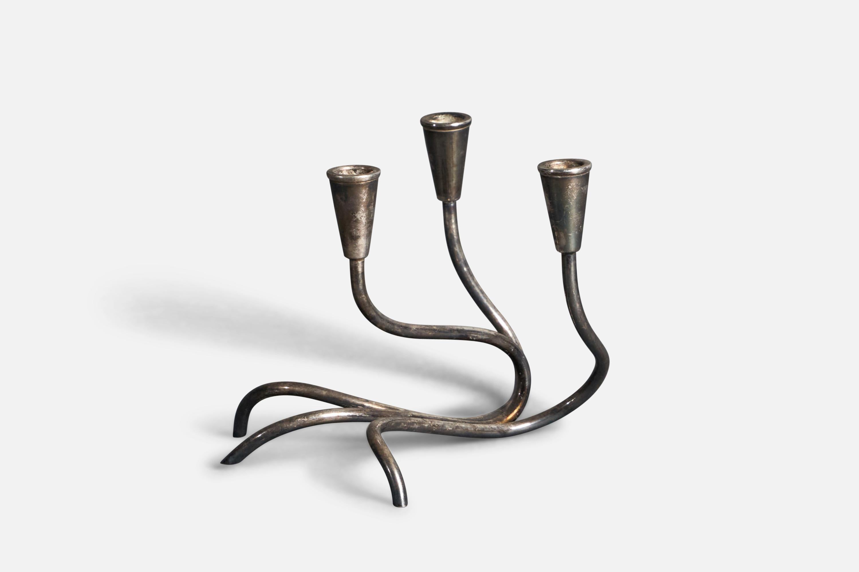 A small organic silver plate candelabra designed and produced in Denmark c. 1940s.